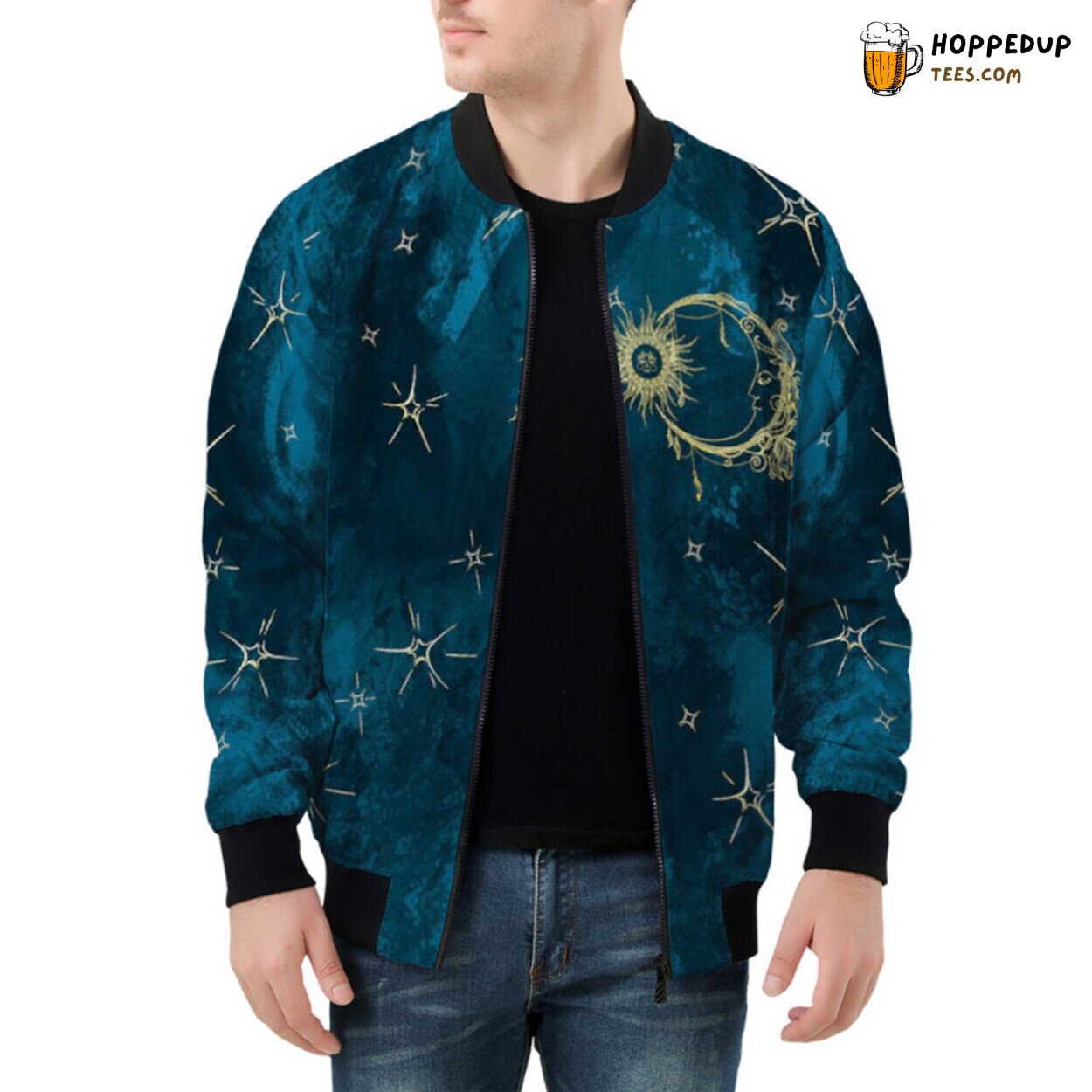 Esoteric Imagery Highlighting the Dance of Sun Meeting Crescent Moon Bomber Jacket