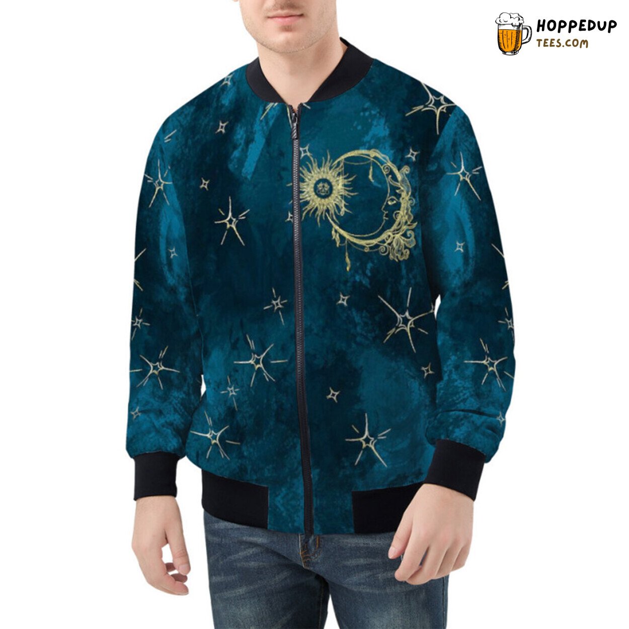Esoteric Imagery Highlighting the Dance of Sun Meeting Crescent Moon Bomber Jacket