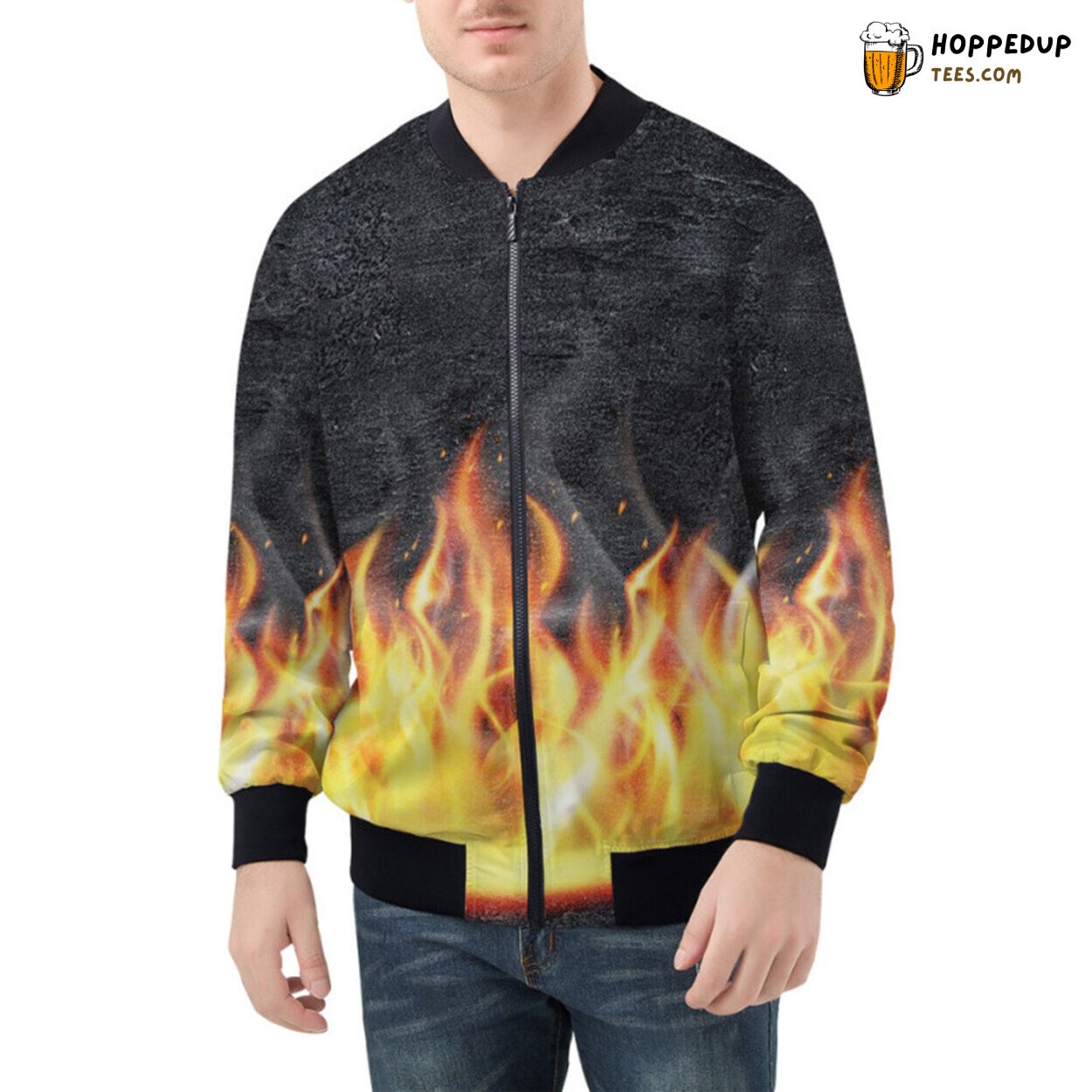 Ethereal Presence of Fire Smoke Patterns Adorning Bomber Jacket