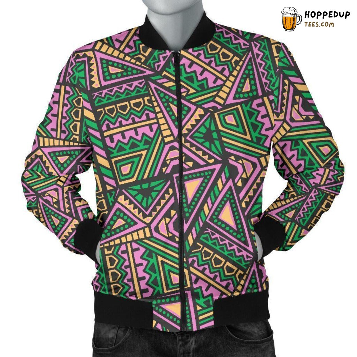 Ethnic Pink Vibrancy Men’s Bomber Jacket Unique Design Pattern Display Art