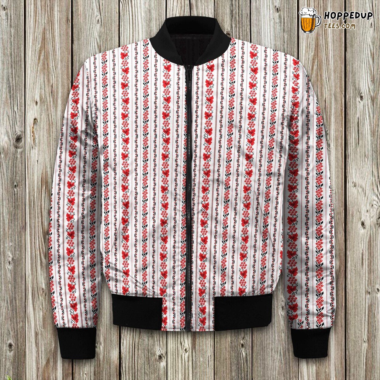 Ethno Ukrainian Pattern Grape Guelder Rose Oak Symbol Vertical Large Scale Bomber Jacket