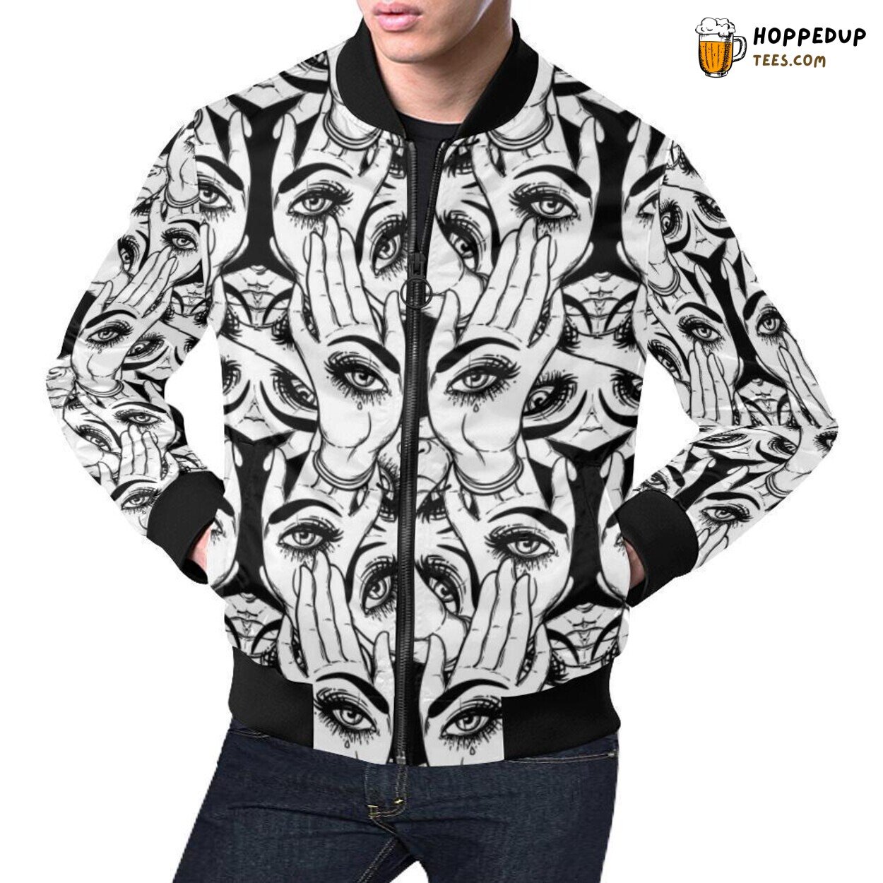 Evil Eye Hamsa Hand Pattern Men’s Bomber Jacket Unique Design Look Evil Eye Hamsa Hand Pattern Men’s Bomber Jacket Unique Design Look