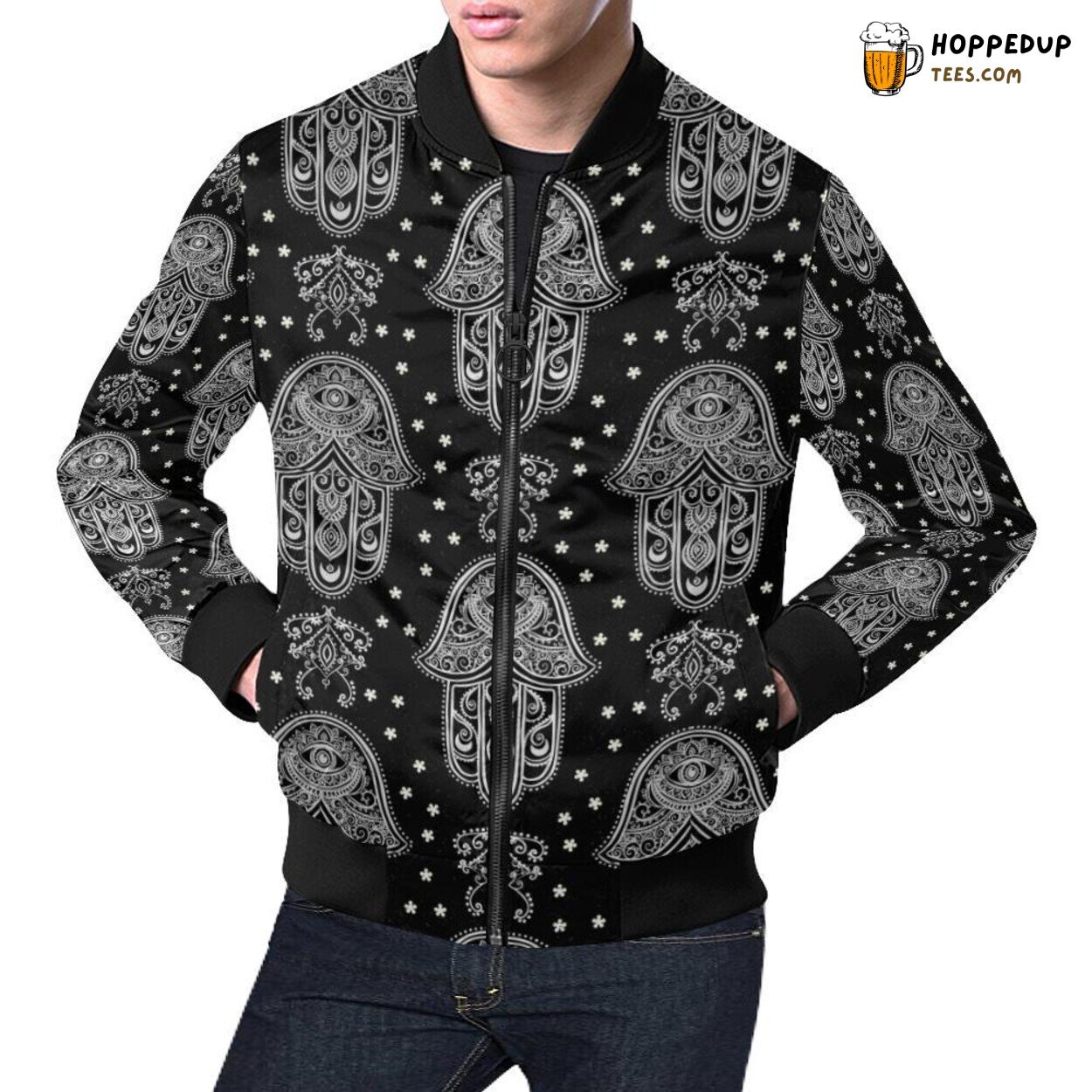 Evil Eye Hamsa Themed Pattern Men’s Bomber Jacket Unique Design Fashion Evil Eye Hamsa Themed Pattern Men’s Bomber Jacket Unique Design Fashion