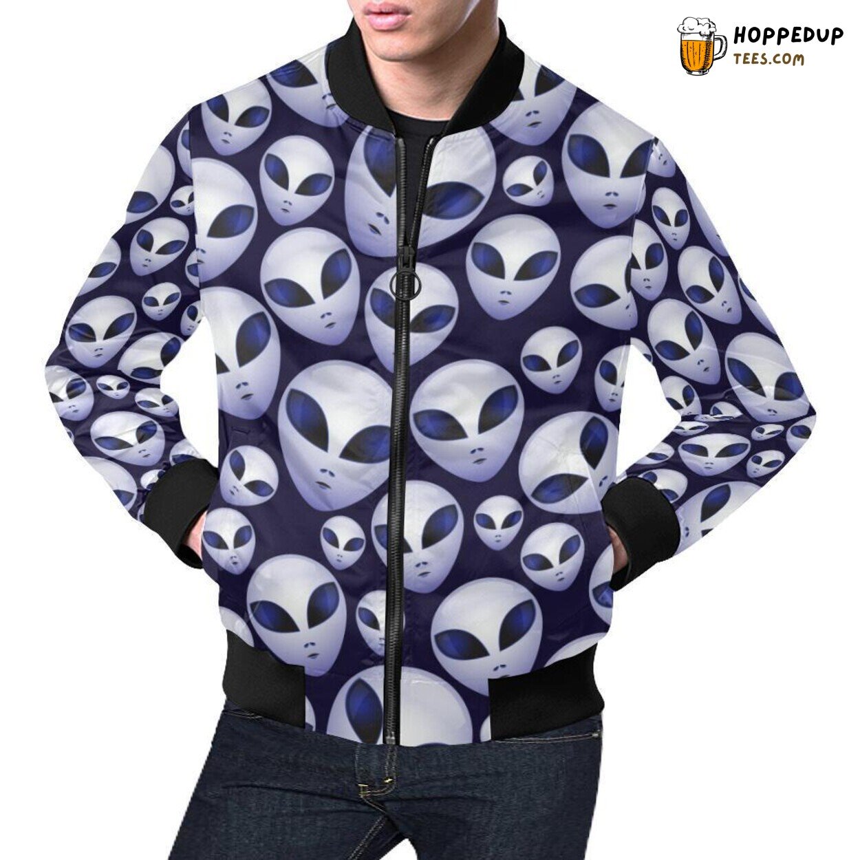Exclusive Alien Ufo Pattern Print Design Men’s Bomber Jacket Statement Exclusive Alien Ufo Pattern Print Design Men’s Bomber Jacket Statement