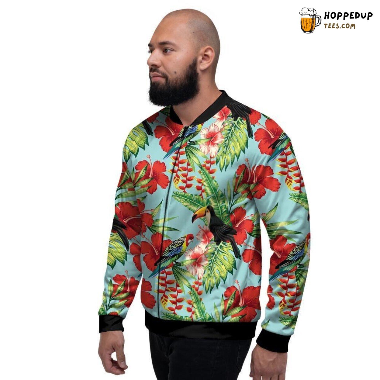 Exotic Bird Amidst Flowers Hawaiian Men’s Bomber Jacket Island Nature Blend