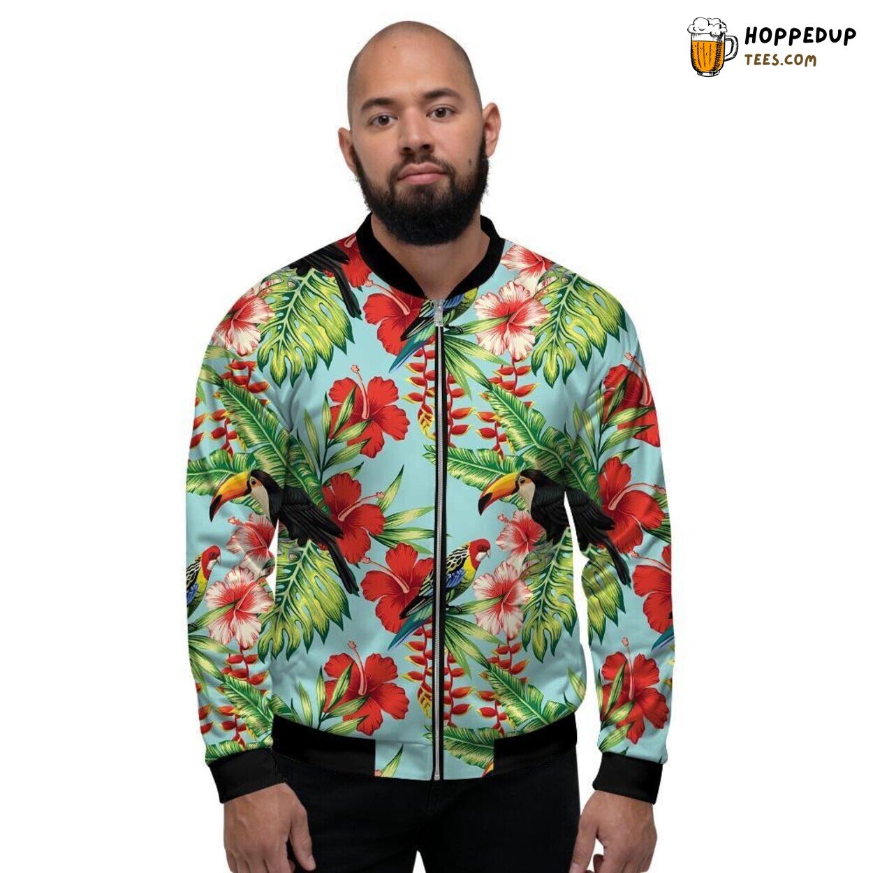 Exotic Bird Amidst Flowers Hawaiian Men’s Bomber Jacket Island Nature Blend