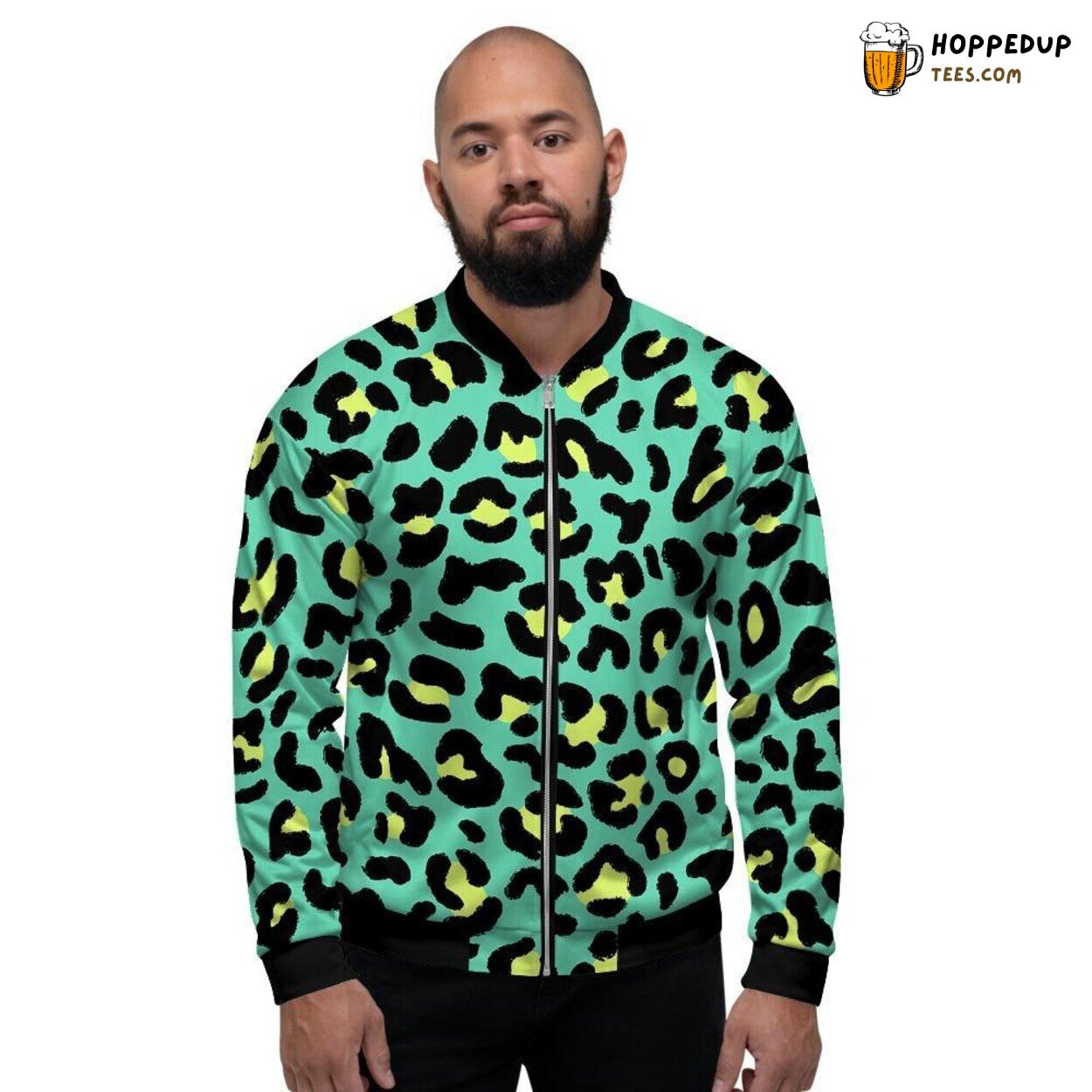 Exotic Green Leopard Pattern Men’s Bomber Jacket Wild Animal Print Showcase