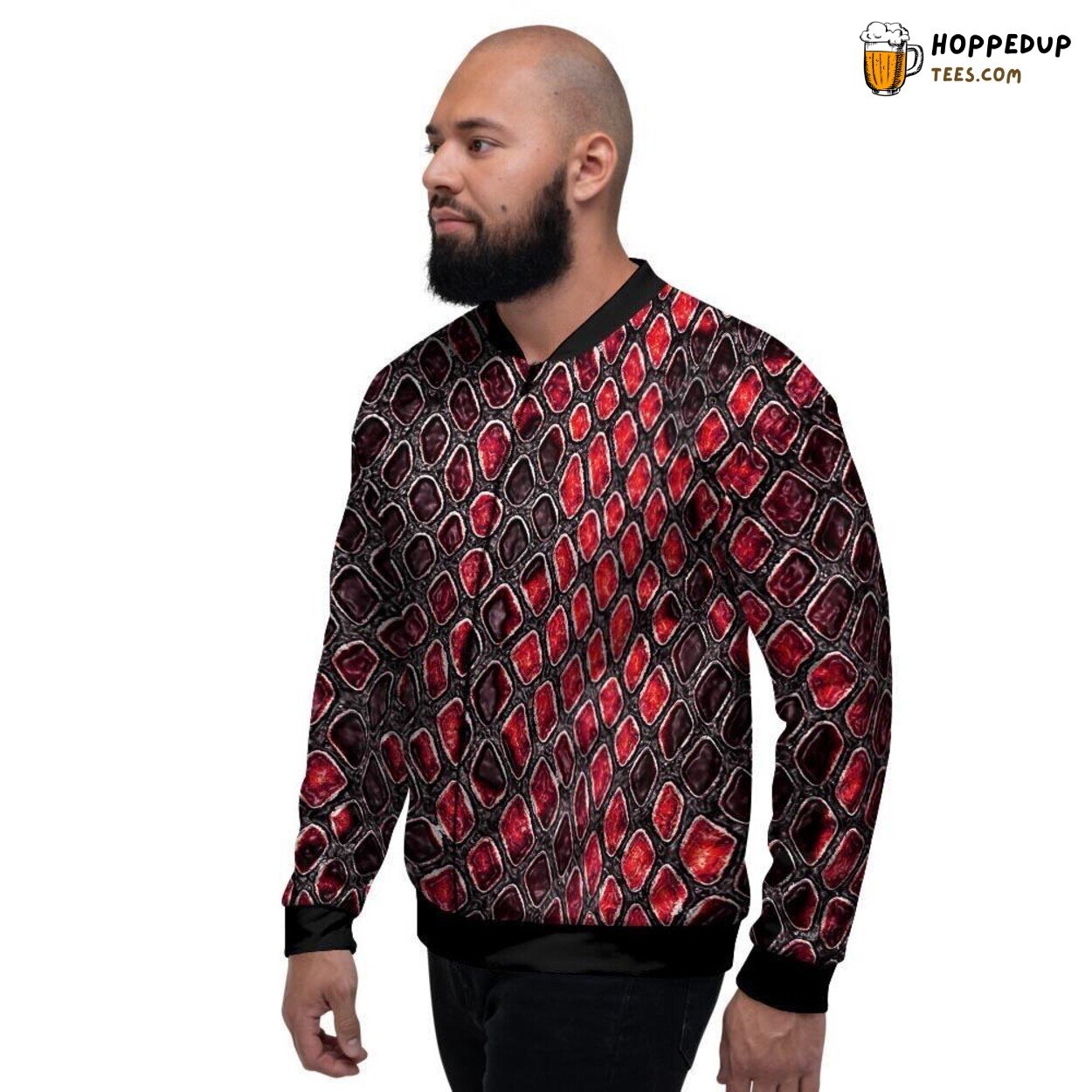 Exotic Red Snakeskin Pattern Men’s Bomber Jacket Reptilian Animal Design Look