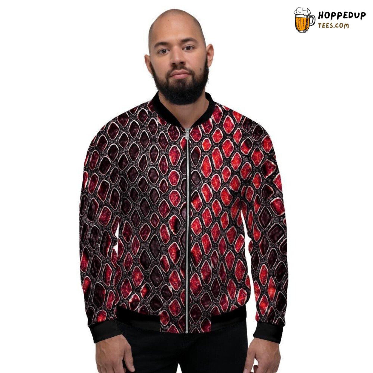 Exotic Red Snakeskin Pattern Men’s Bomber Jacket Reptilian Animal Design Look