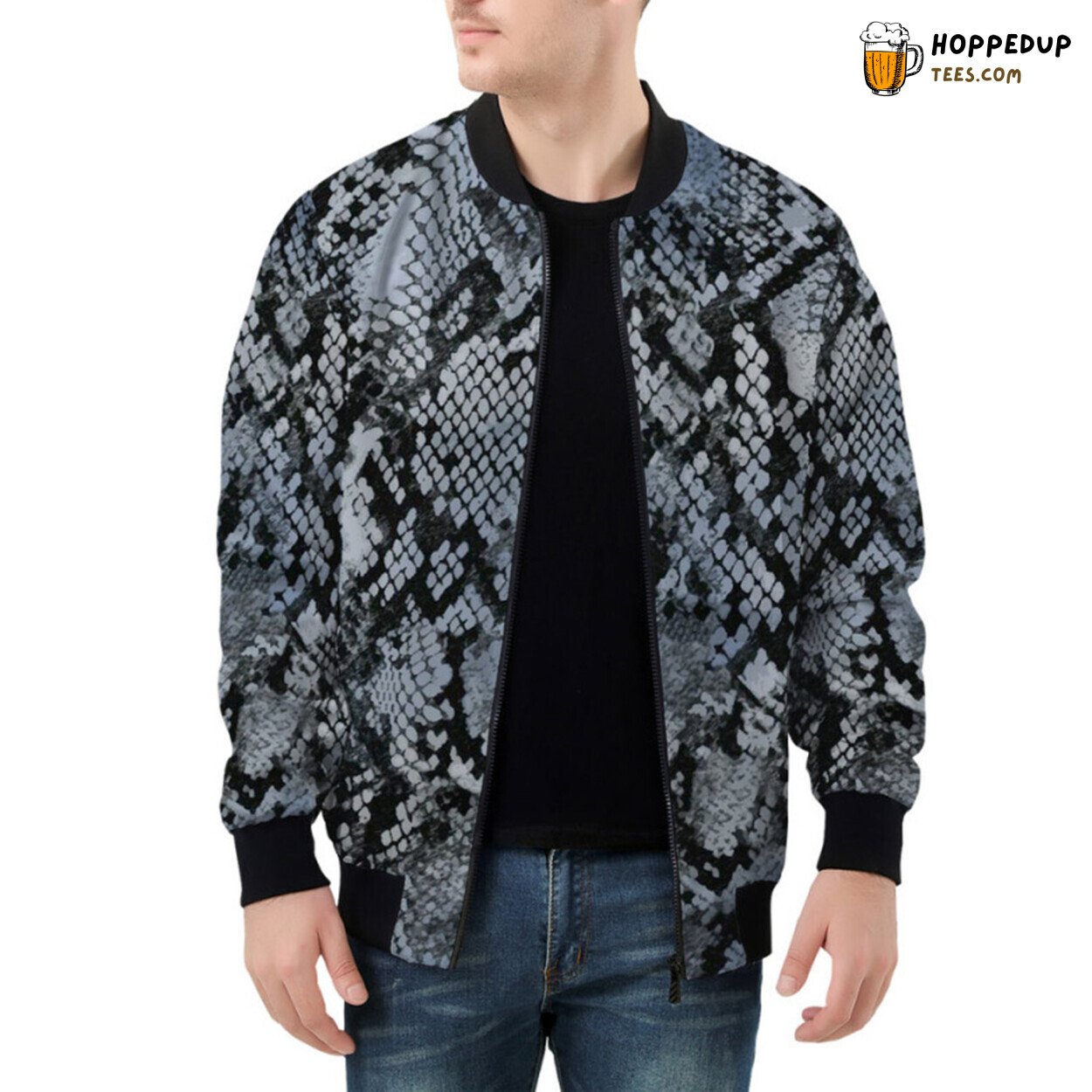 Exotic Snakeskin Texture Elaborately Designed for Distinct Bomber Jacket