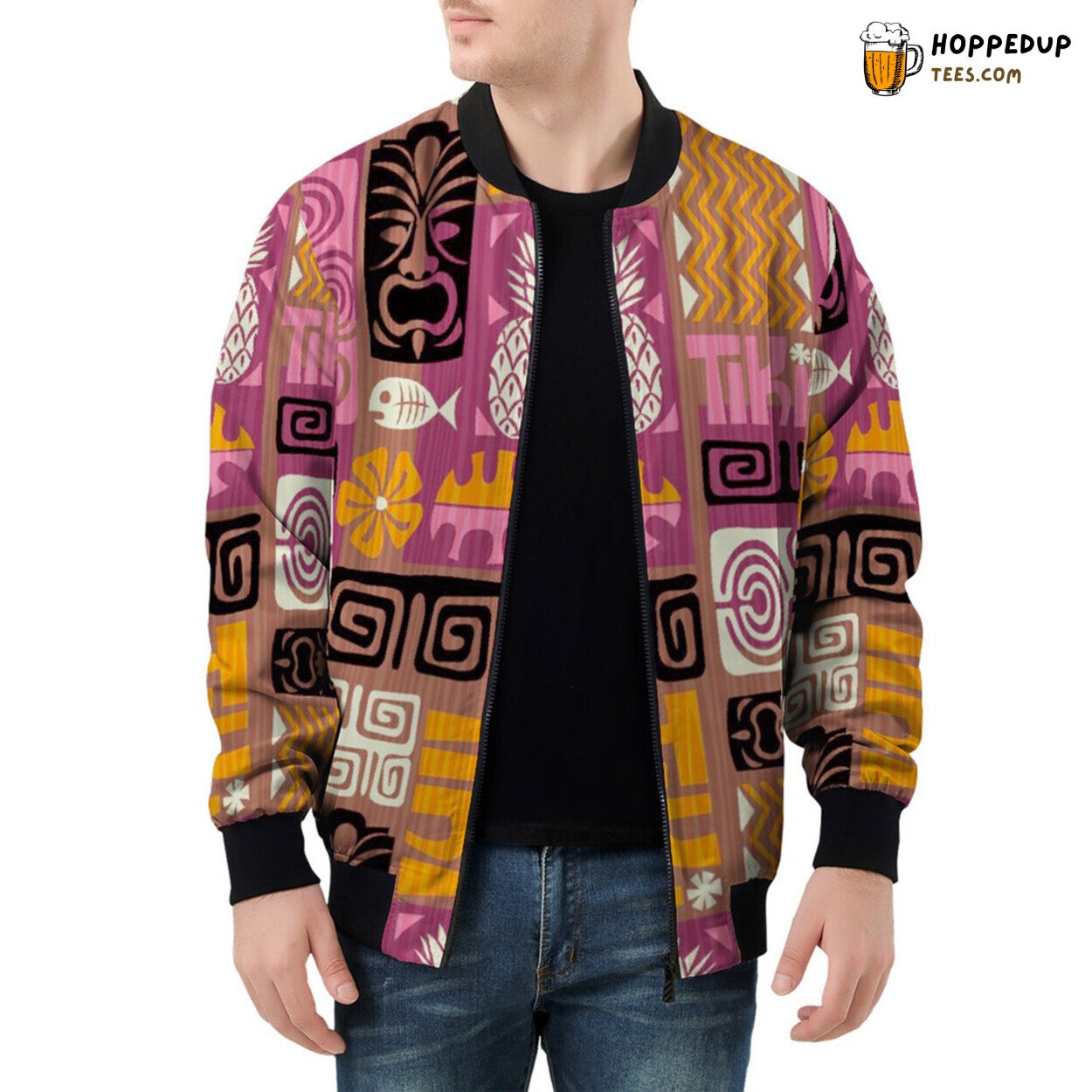Exotic Tiki Scrapbook Artistry Displayed on a Men’s Bomber Jacket