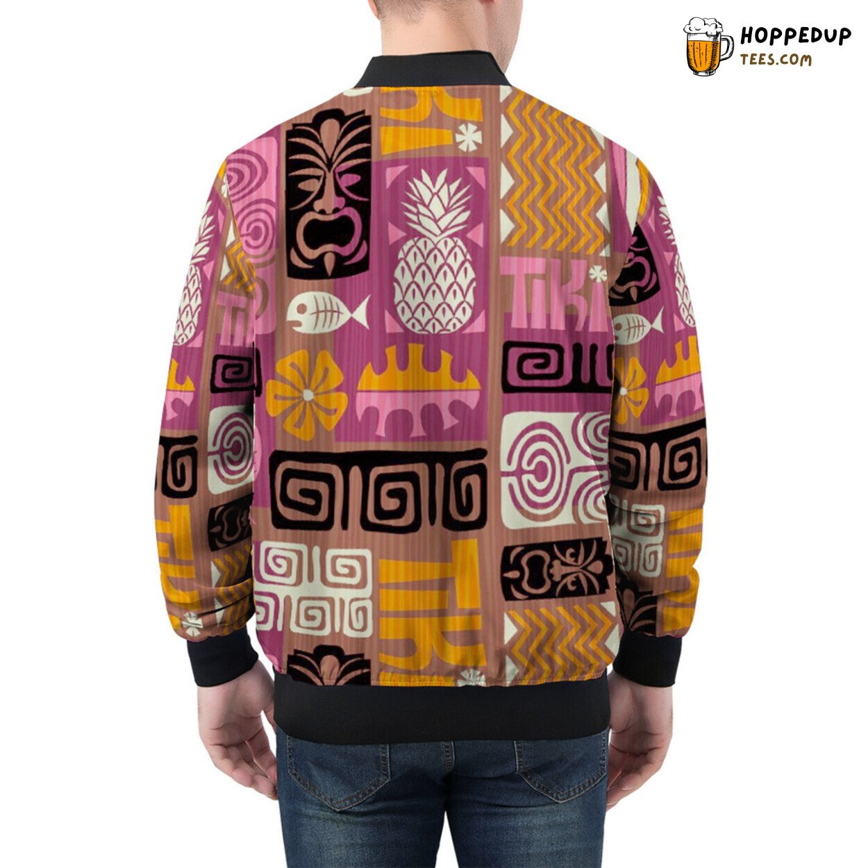 Exotic Tiki Scrapbook Artistry Displayed on a Men’s Bomber Jacket
