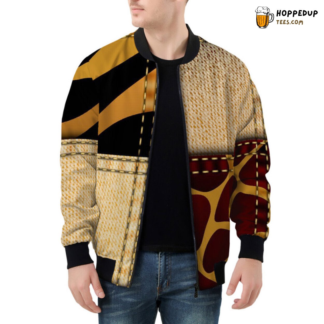 Expedition Ready Safari Inspired Varied Patchwork Bomber Jacket