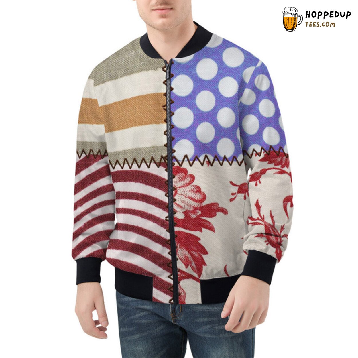 Exquisite Collection of Fabric Tones Pieced in Patchwork Bomber Jacket