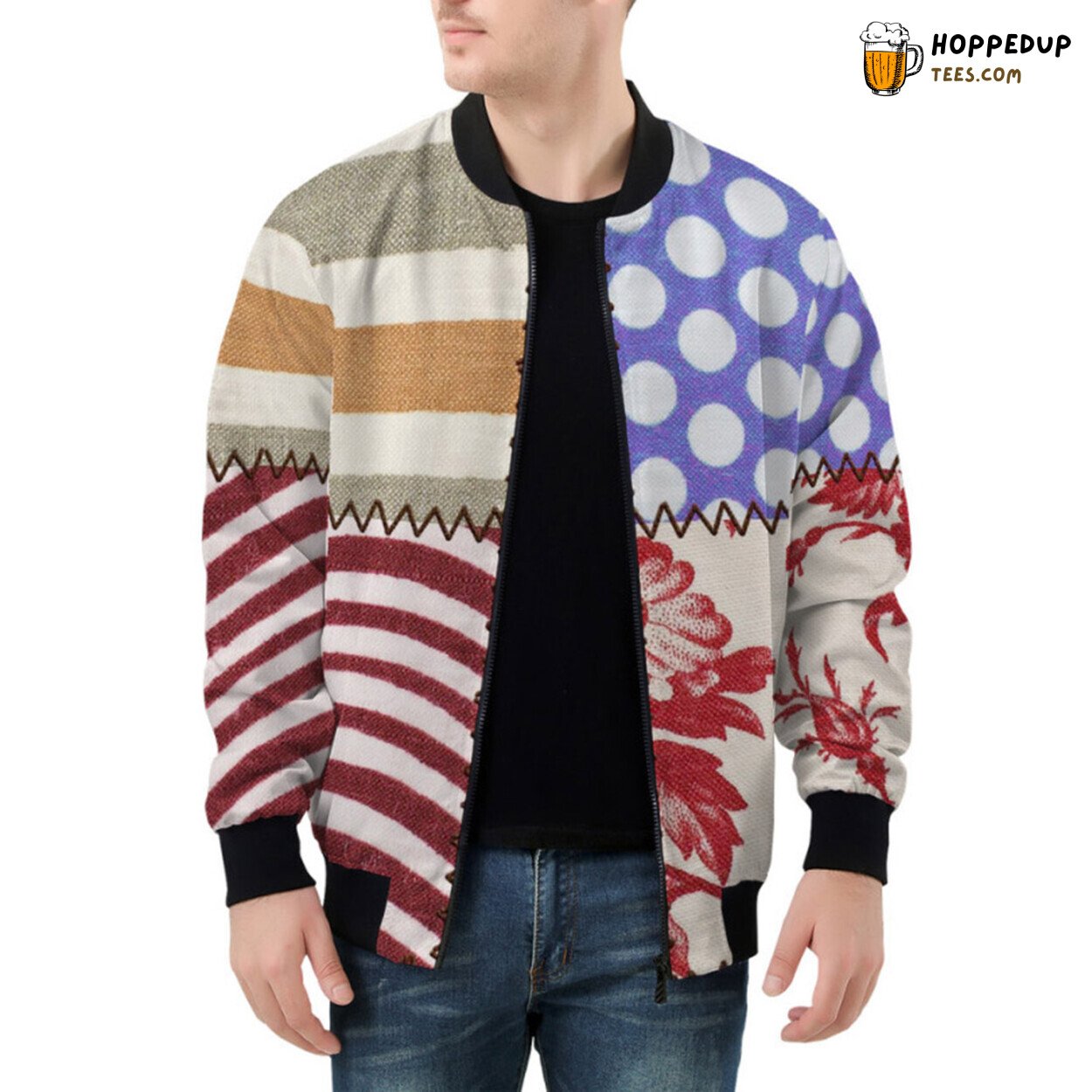Exquisite Collection of Fabric Tones Pieced in Patchwork Bomber Jacket