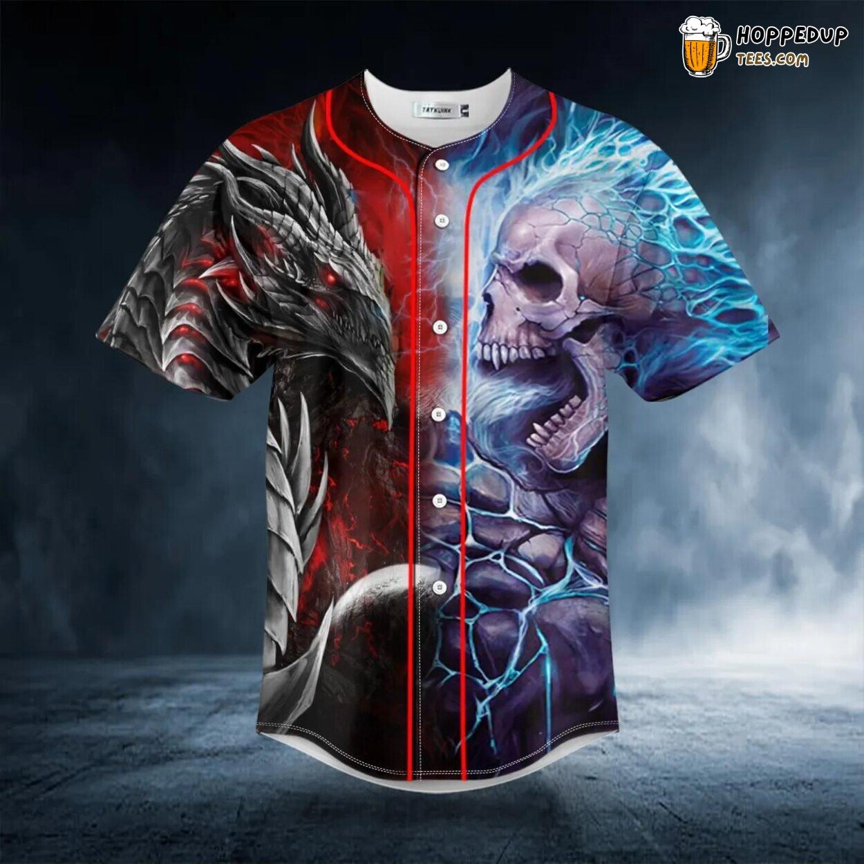 Fantasy Clash Fire Dragon Blue Flame Skull Baseball Jersey Viking 3D Print Tee