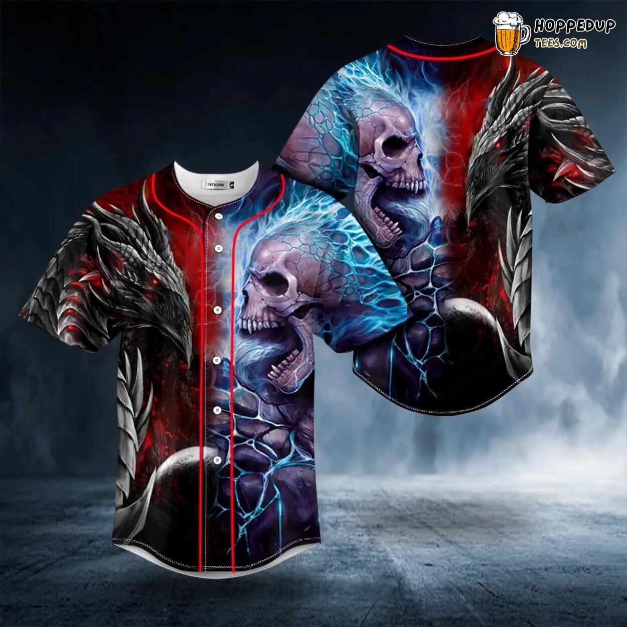 Fantasy Clash Fire Dragon Blue Flame Skull Baseball Jersey Viking 3D Print Tee
