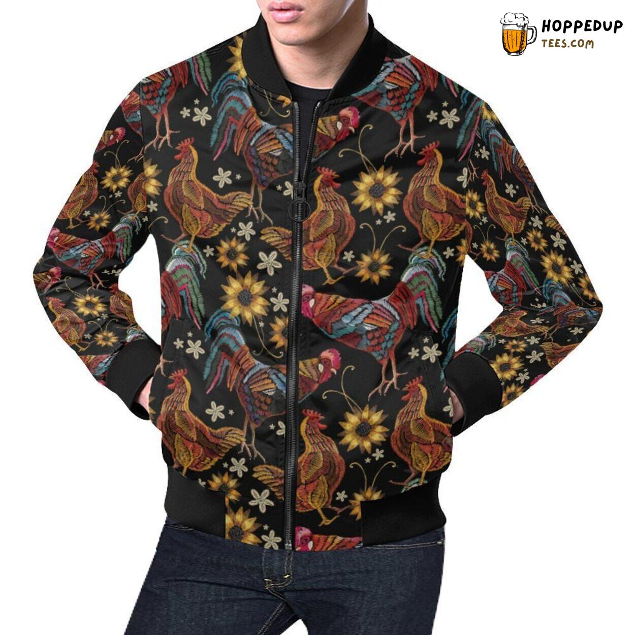 Farm Chicken Hen with Flowers Pattern Men’s Bomber Jacket Unique Design Farm Chicken Hen with Flowers Pattern Men’s Bomber Jacket Unique Design
