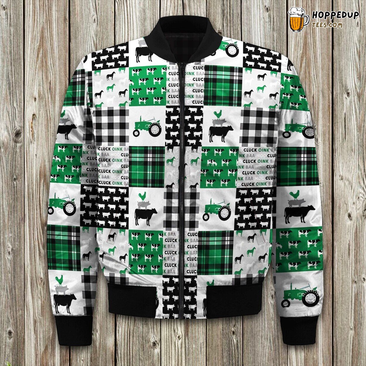 Farm Life Wholecloth Black Green Tractor Plaid Bomber Jacket