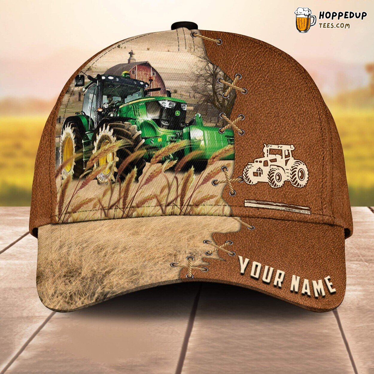 Farm Tractor Brown Leather Name 3D Cap Baseball Print Farm Lovers Animal Design