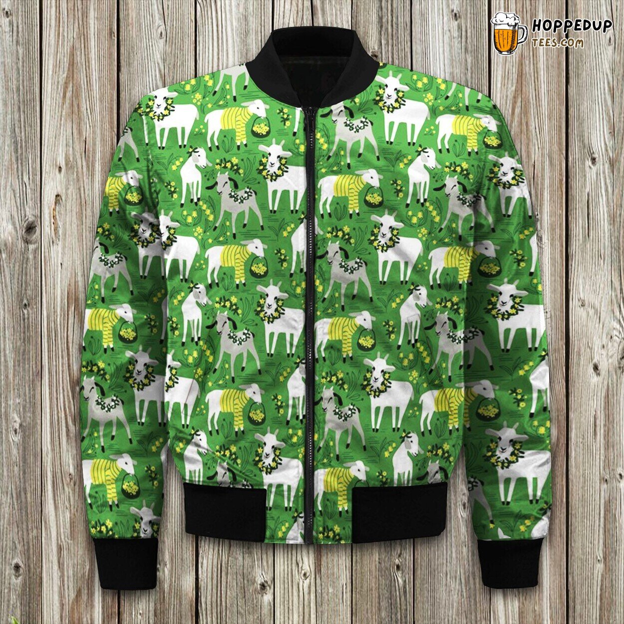 Fashion Goat Wearing Green Sweater With Floral Bomber Jacket