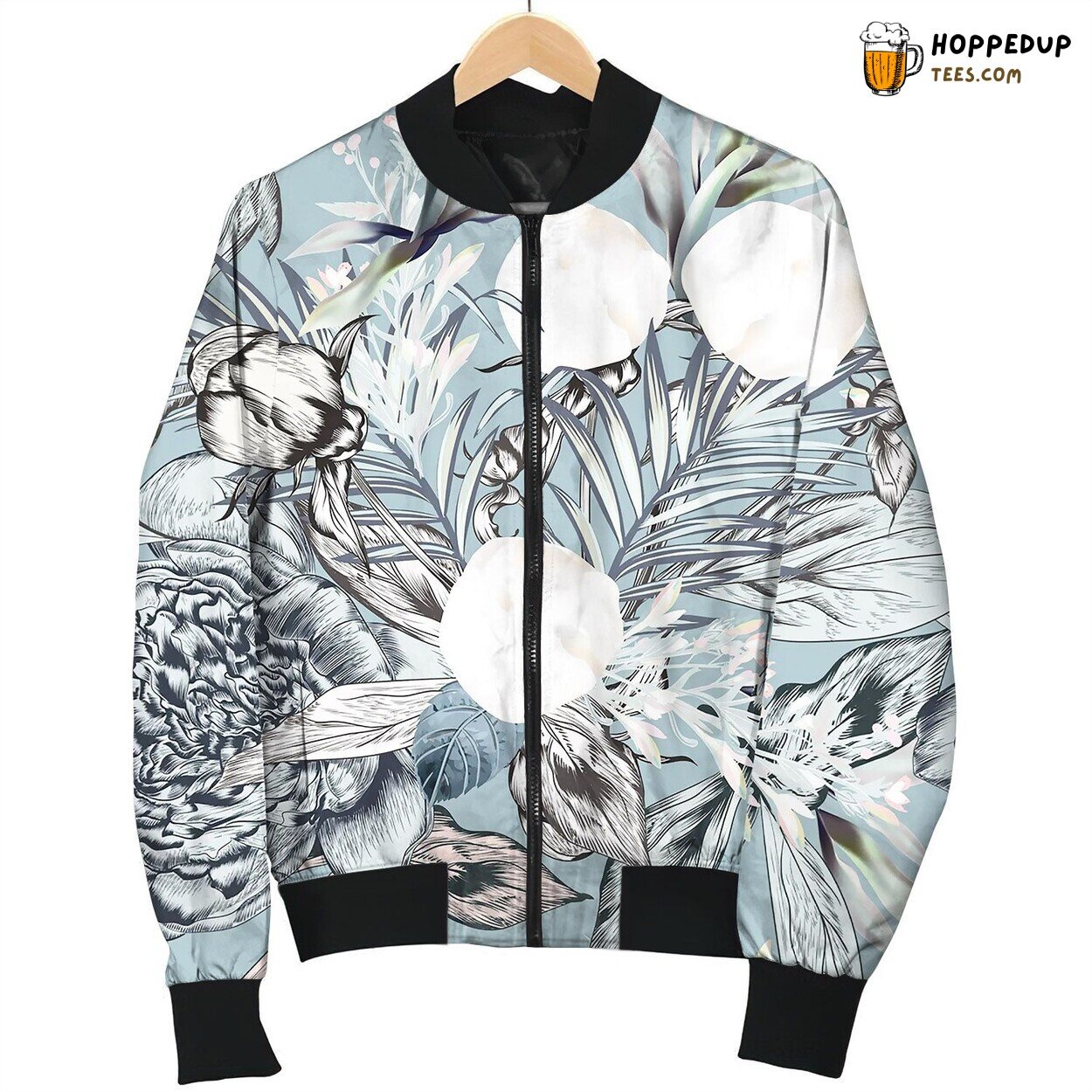 Fashion Seamless Textile Pattern With White Peony Bomber Jacket