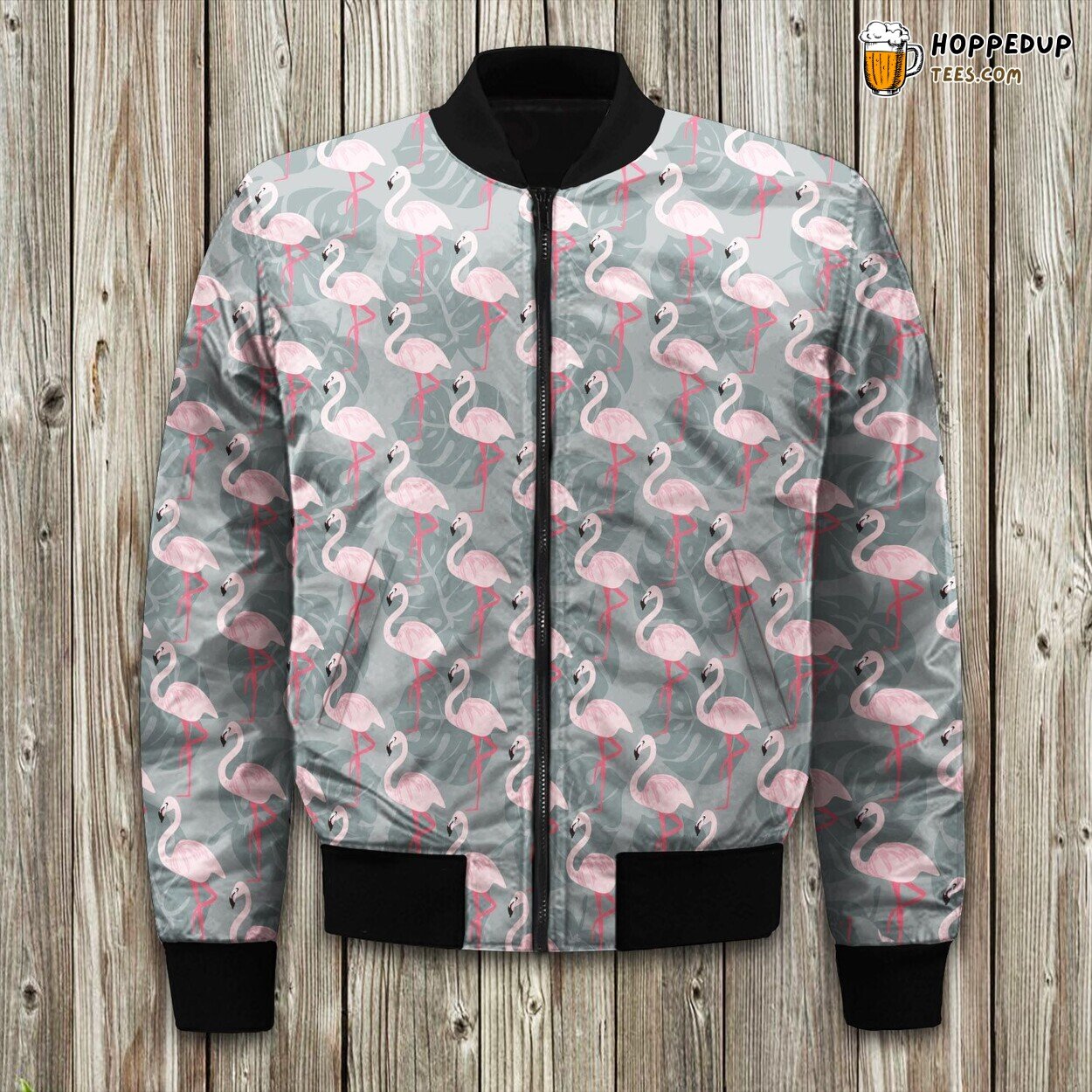 Fashion Seamless Vector Pattern Flamingo Tropical Palm Leaves Bomber Jacket
