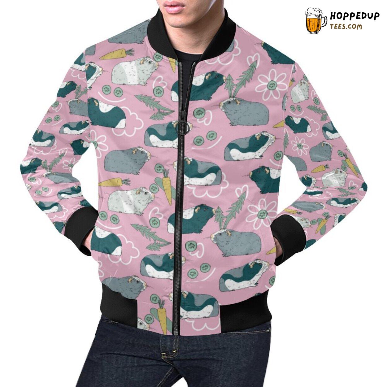Fashionable Men’s Bomber Jacket Featuring a Guinea Pig Print Pattern Fashionable Men’s Bomber Jacket Featuring a Guinea Pig Print Pattern