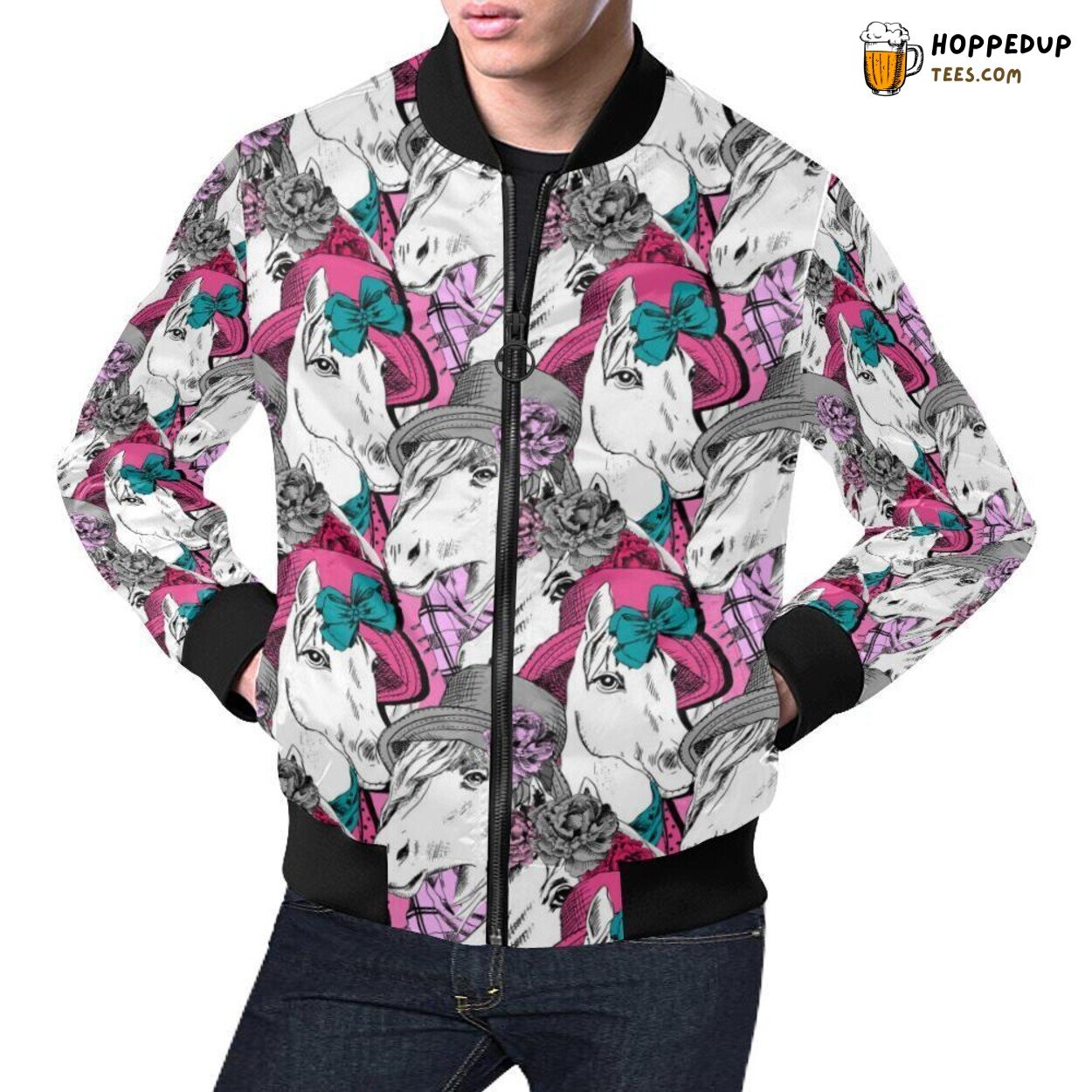 Fashionable Men’s Bomber Jacket with a Classic Horse Pattern Print