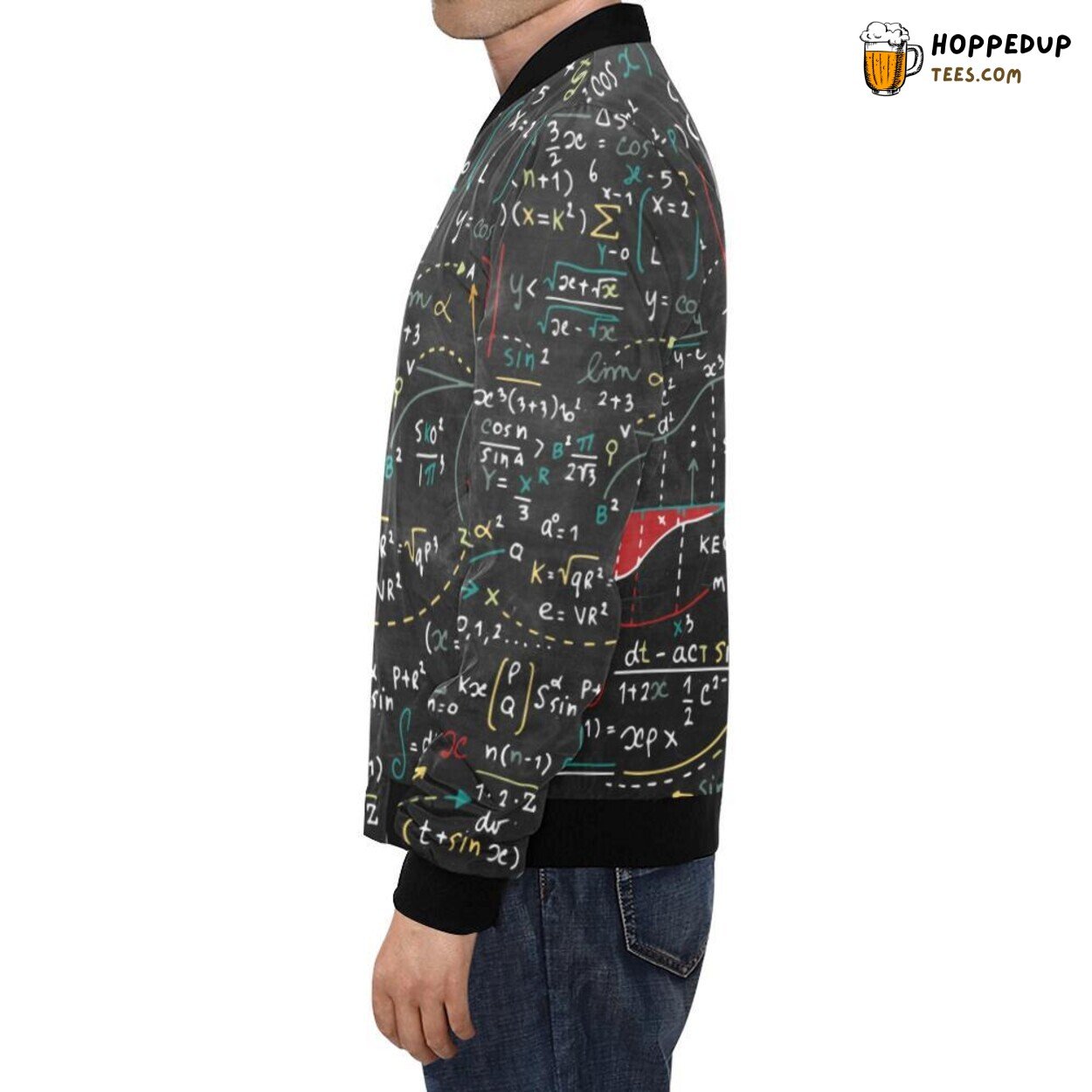 Fashionable Men’s Bomber Jacket with Elegant Math Print Pattern