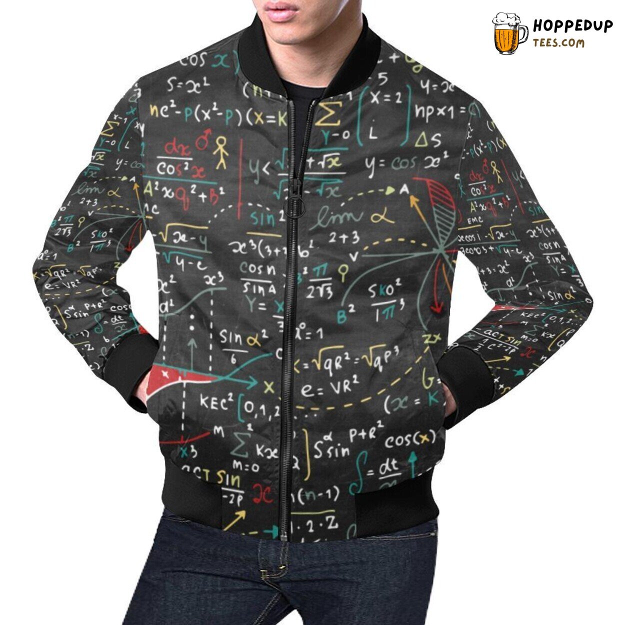 Fashionable Men’s Bomber Jacket with Elegant Math Print Pattern