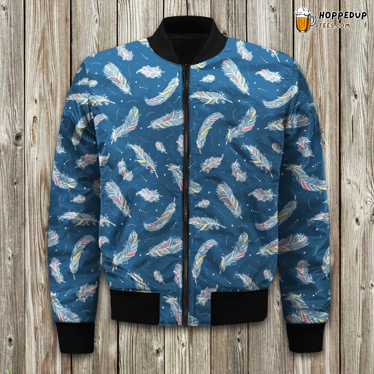 Feather Colorful In Blue Pattern Bomber Jacket