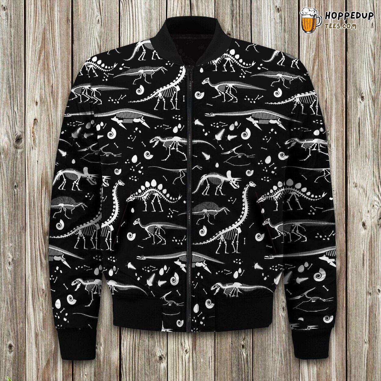 Ferocious Black Dinosaur Winter Bomber Jacket Prehistoric Power Look