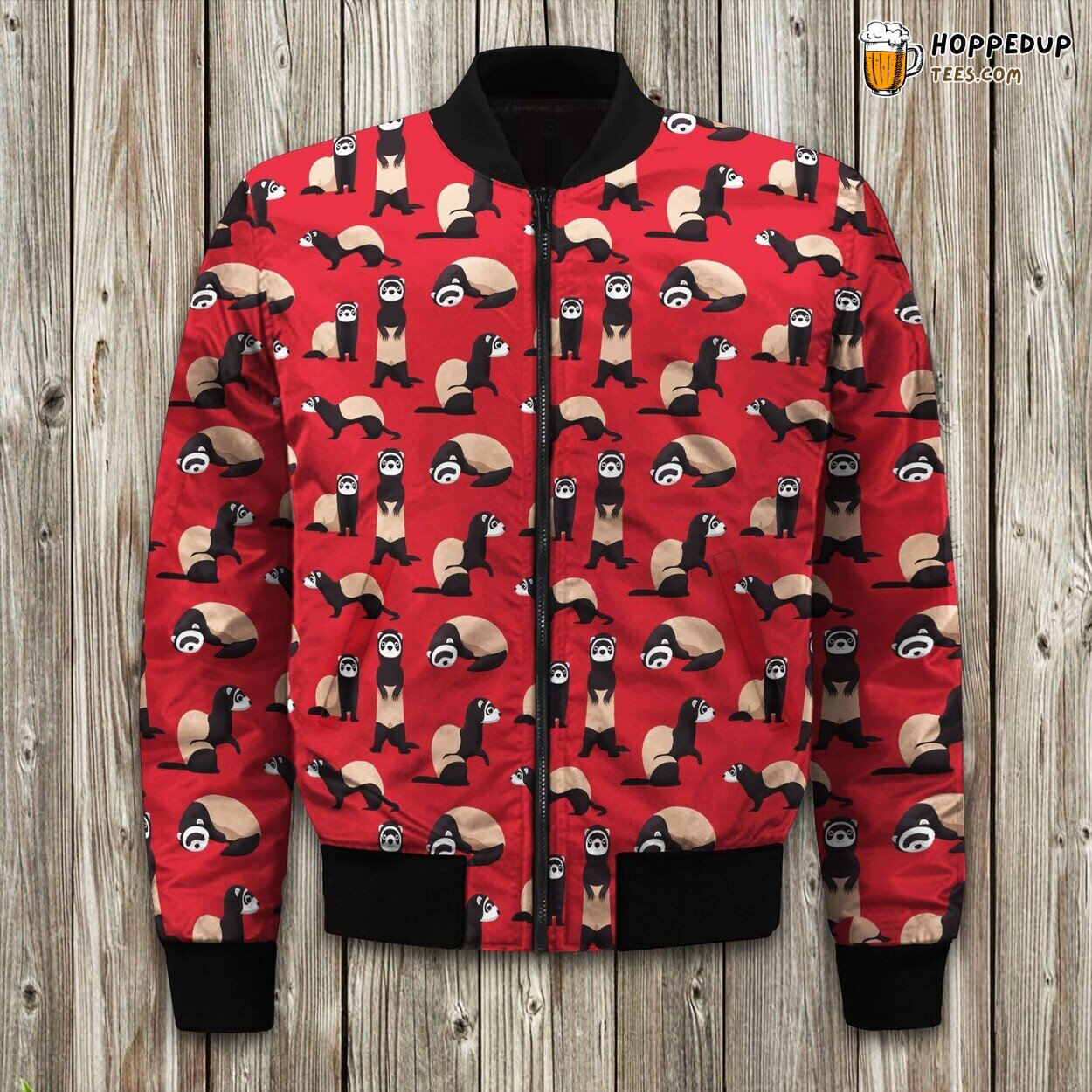 Ferret In Red Background Pattern Bomber Jacket
