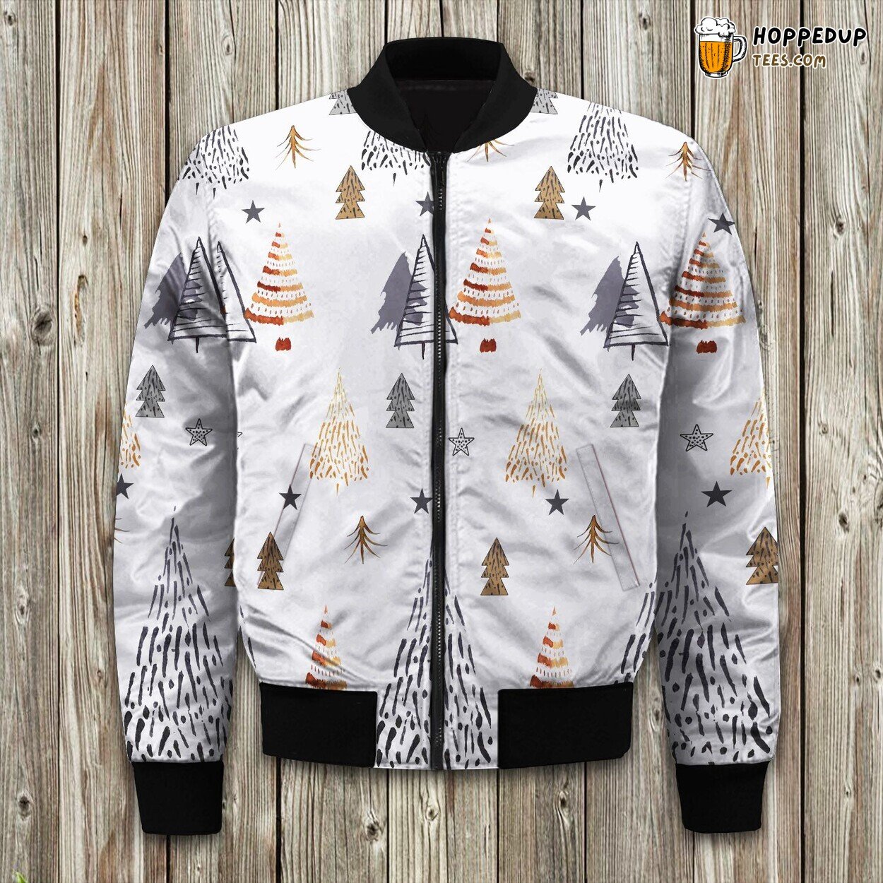 Festive Spirit Christmas Tree Winter Bomber Jacket Holiday Celebration Look