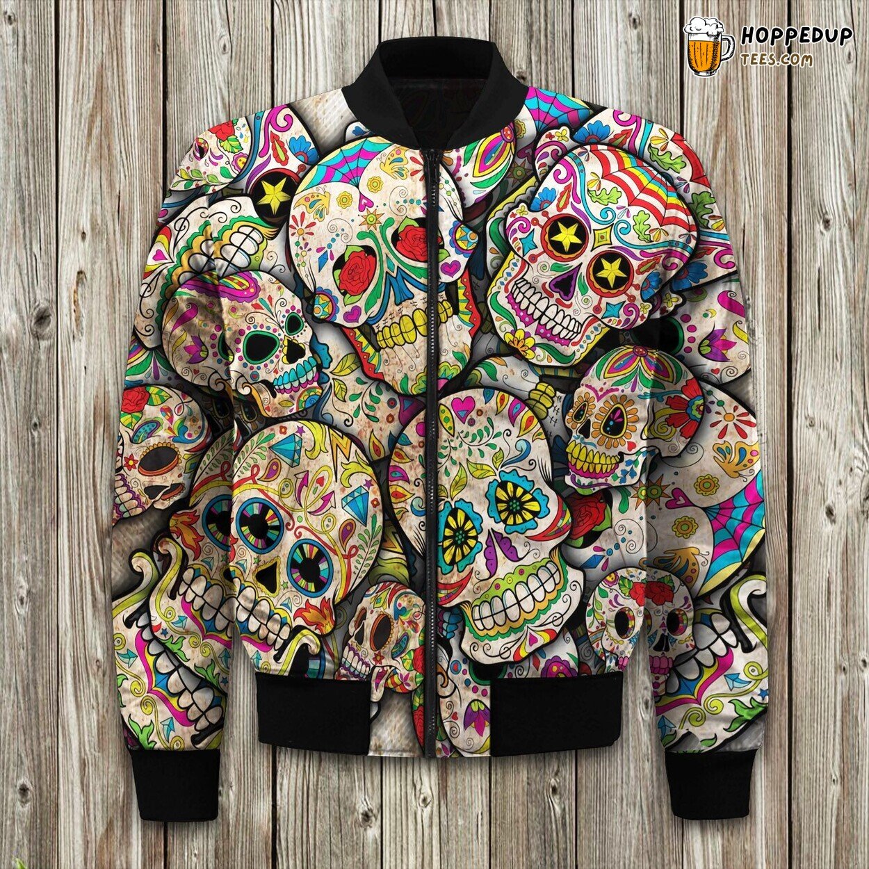 Festive Sugar Skulls Design Winter Bomber Jacket Day of the Dead Fashion