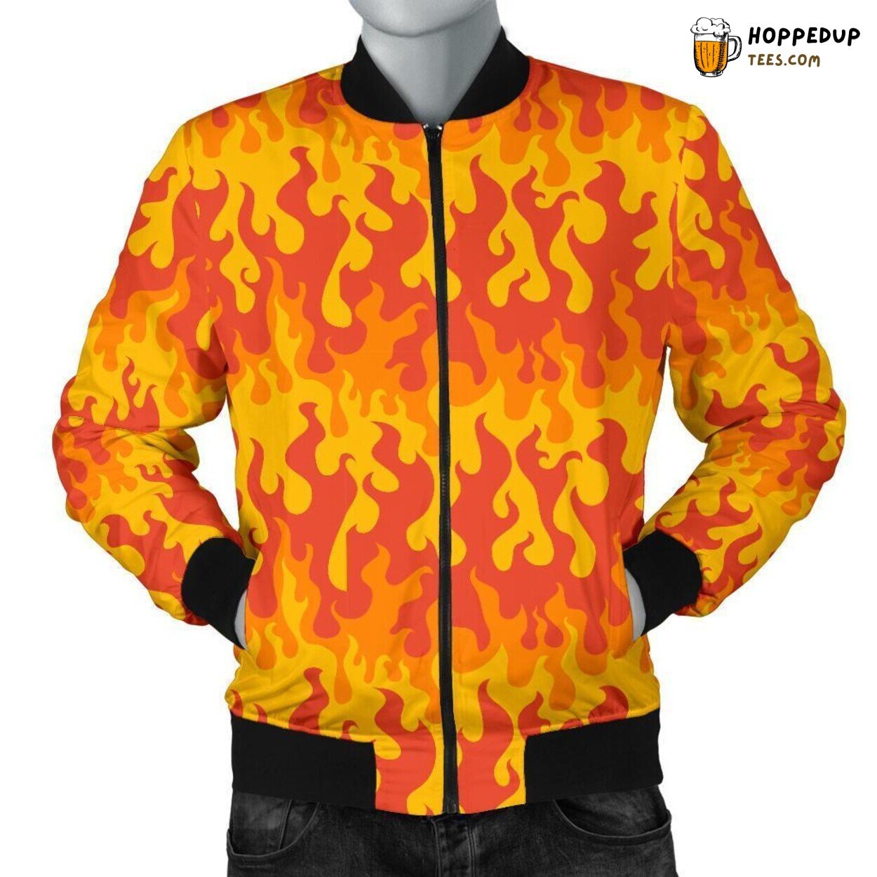 Fiery Dance of Flames Men’s Bomber Jacket Unique Design Pattern Showcase Art