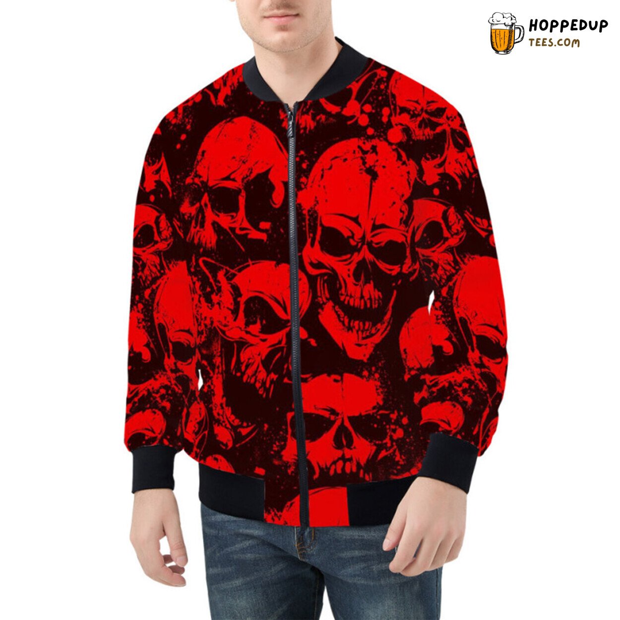 Fiery Intensity of Red Grunge Showcased Through Skulls Bomber Jacket