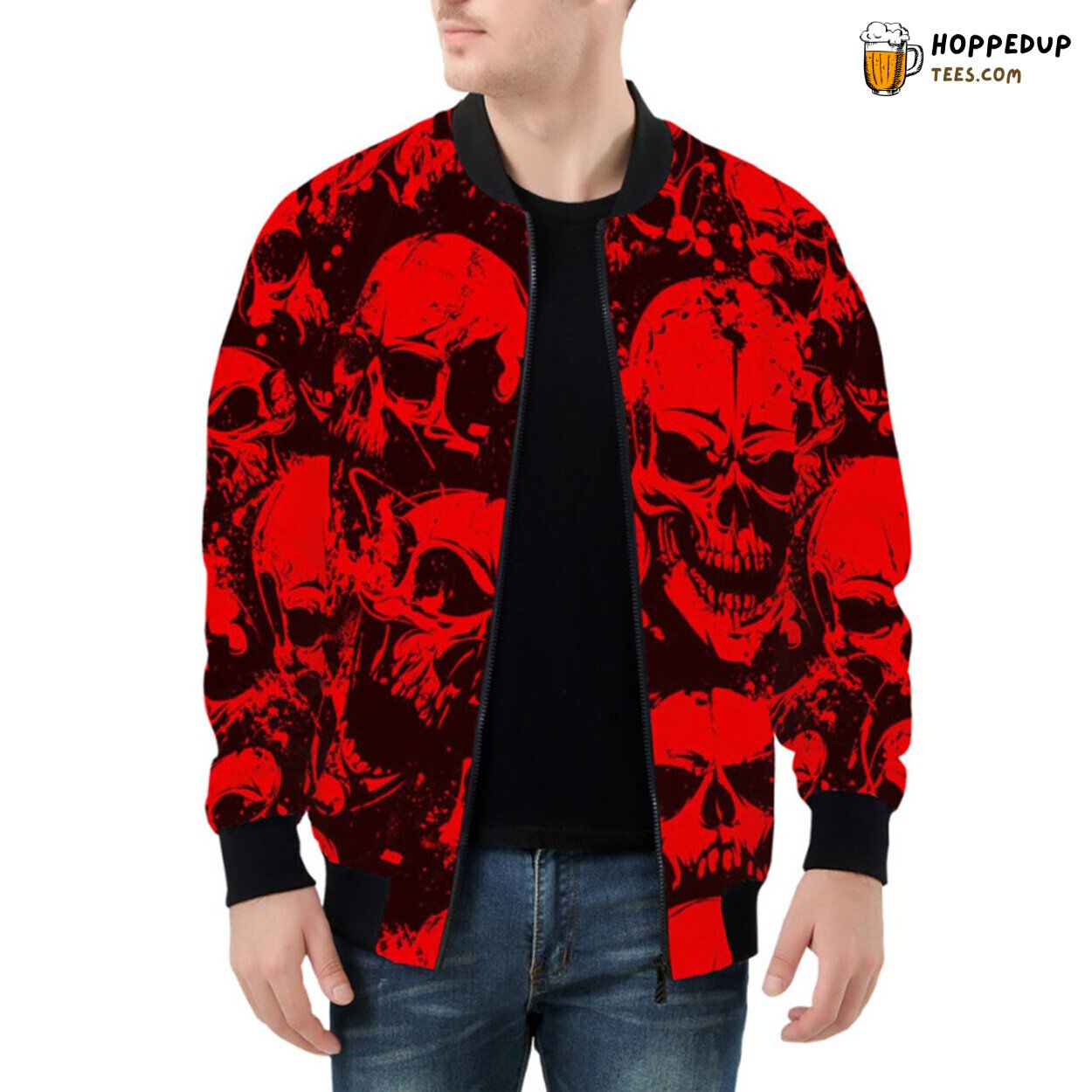 Fiery Intensity of Red Grunge Showcased Through Skulls Bomber Jacket