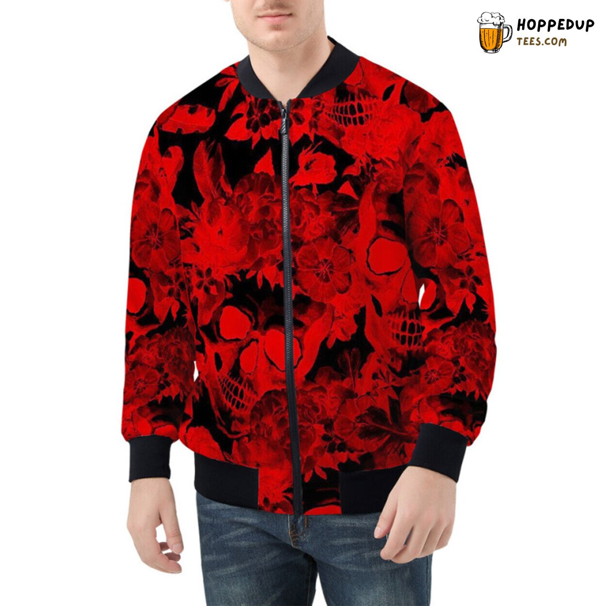 Fiery Red Skulls Enhanced by Delicate Floral Beauty Bomber Jacket
