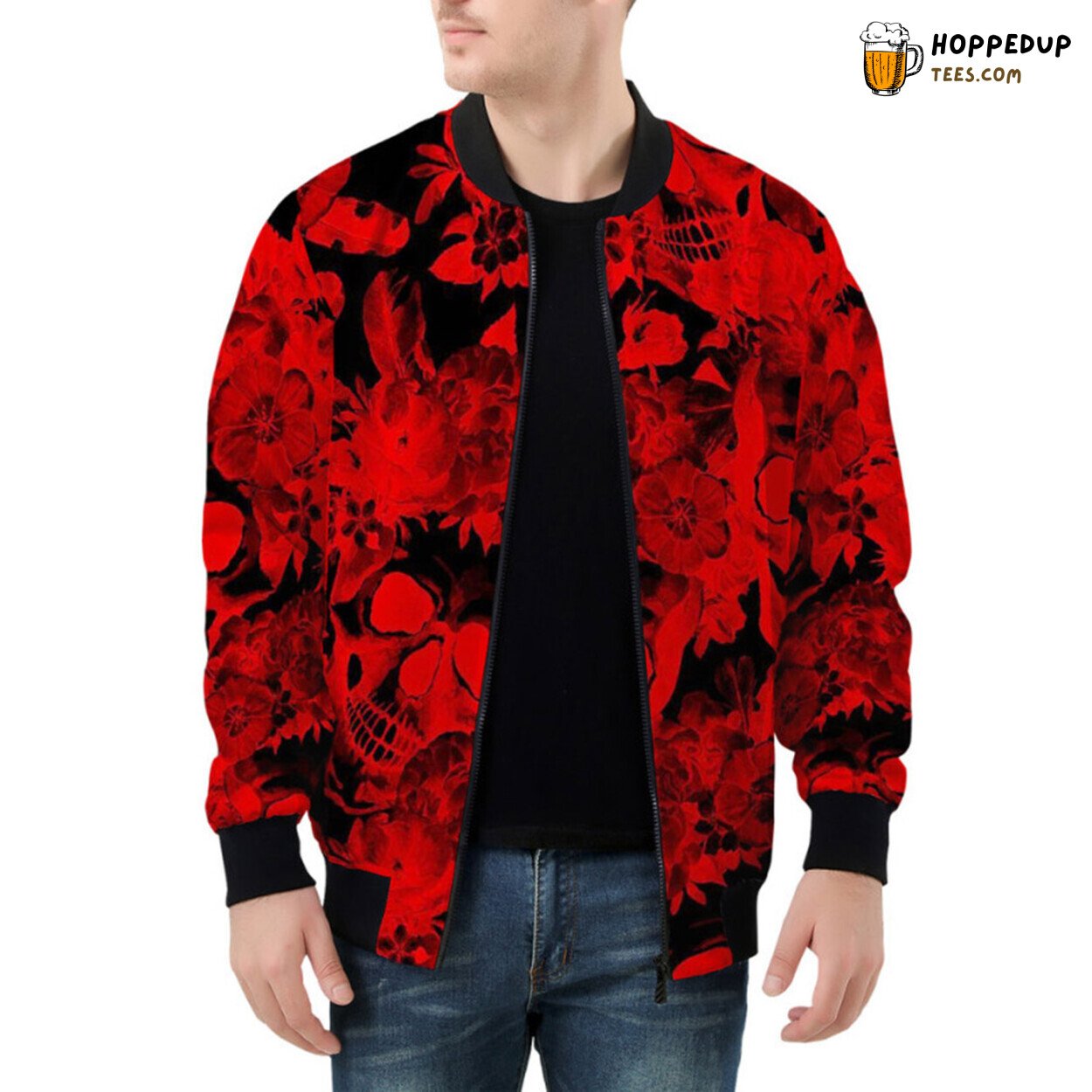 Fiery Red Skulls Enhanced by Delicate Floral Beauty Bomber Jacket