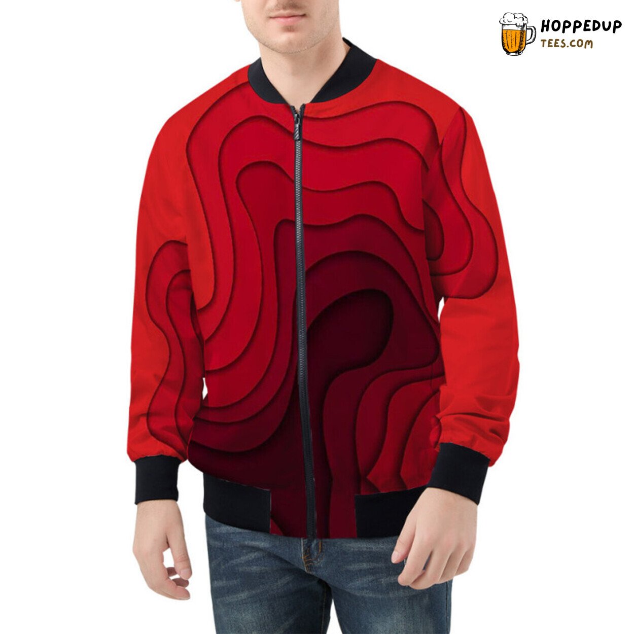Fiery Red Waves Pattern Intricately Designed on Bomber Jacket
