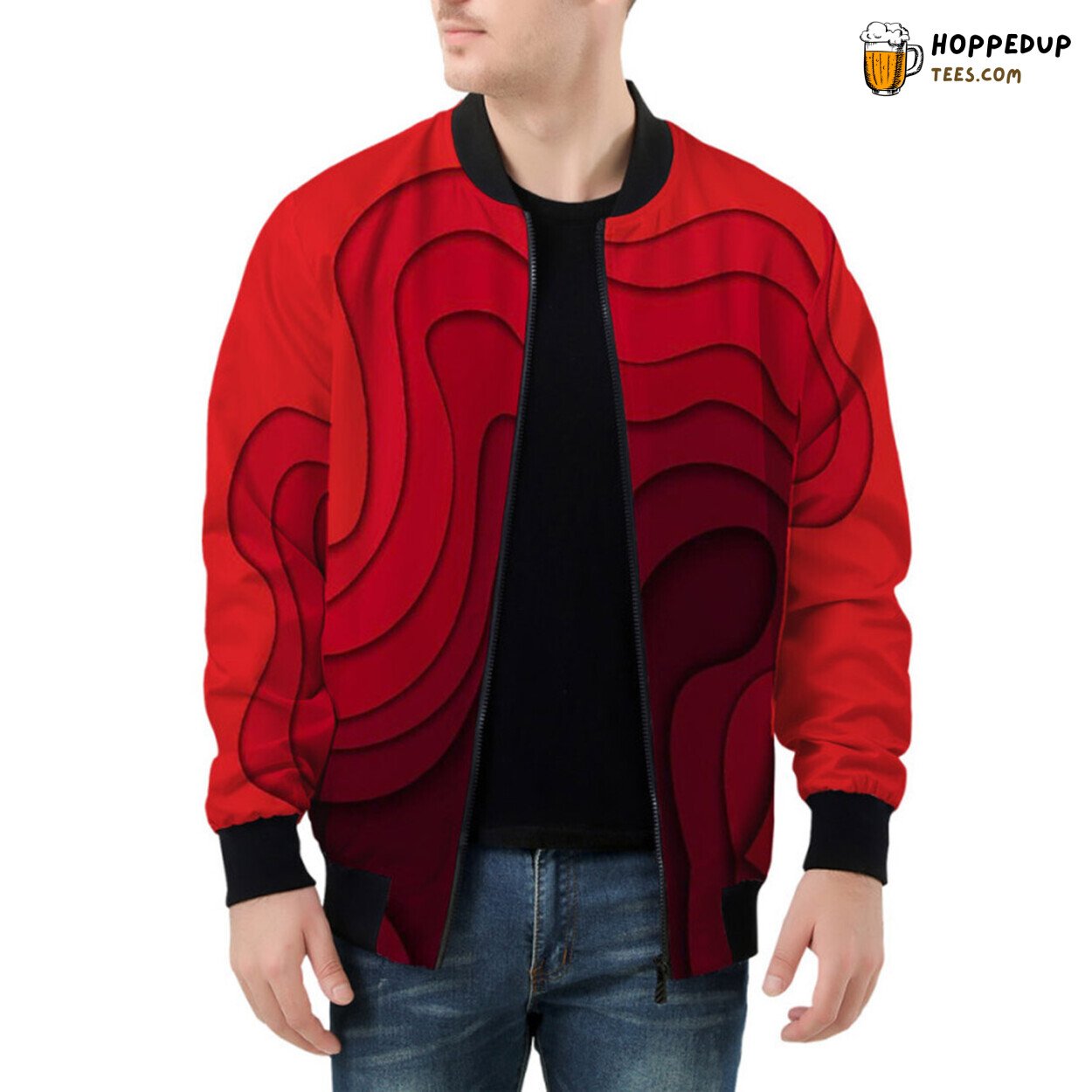 Fiery Red Waves Pattern Intricately Designed on Bomber Jacket