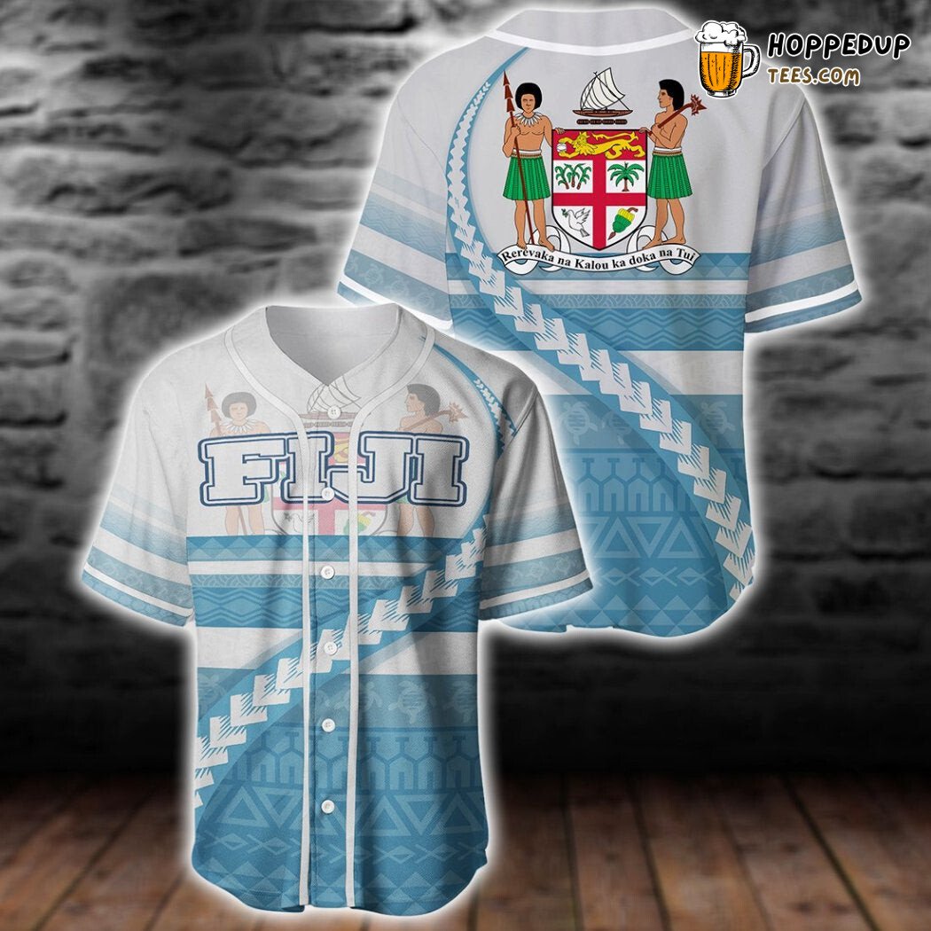 Fiji Coat Of Arms Tribal Line White Blue Baseball Tee Jersey Shirt Printed 3D