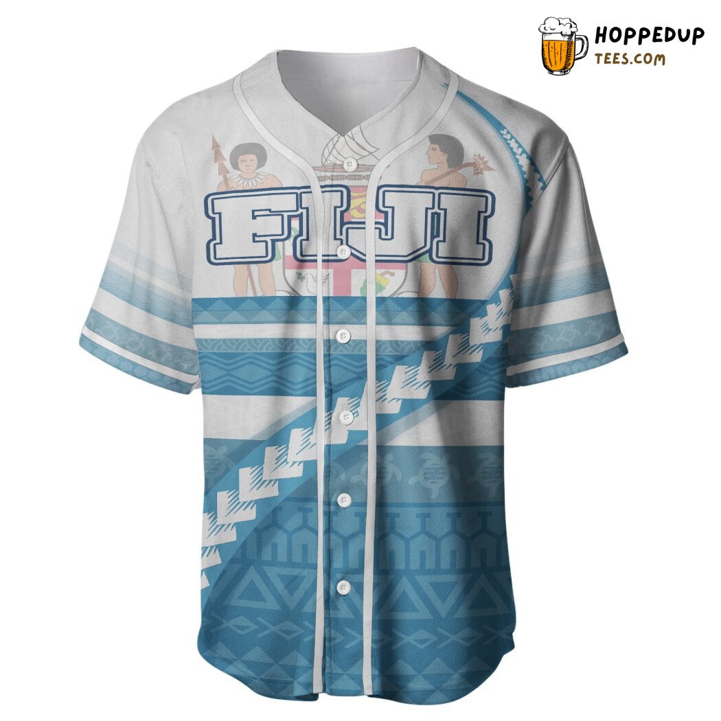 Fiji Coat Of Arms Tribal Line White Blue Baseball Tee Jersey Shirts 3D