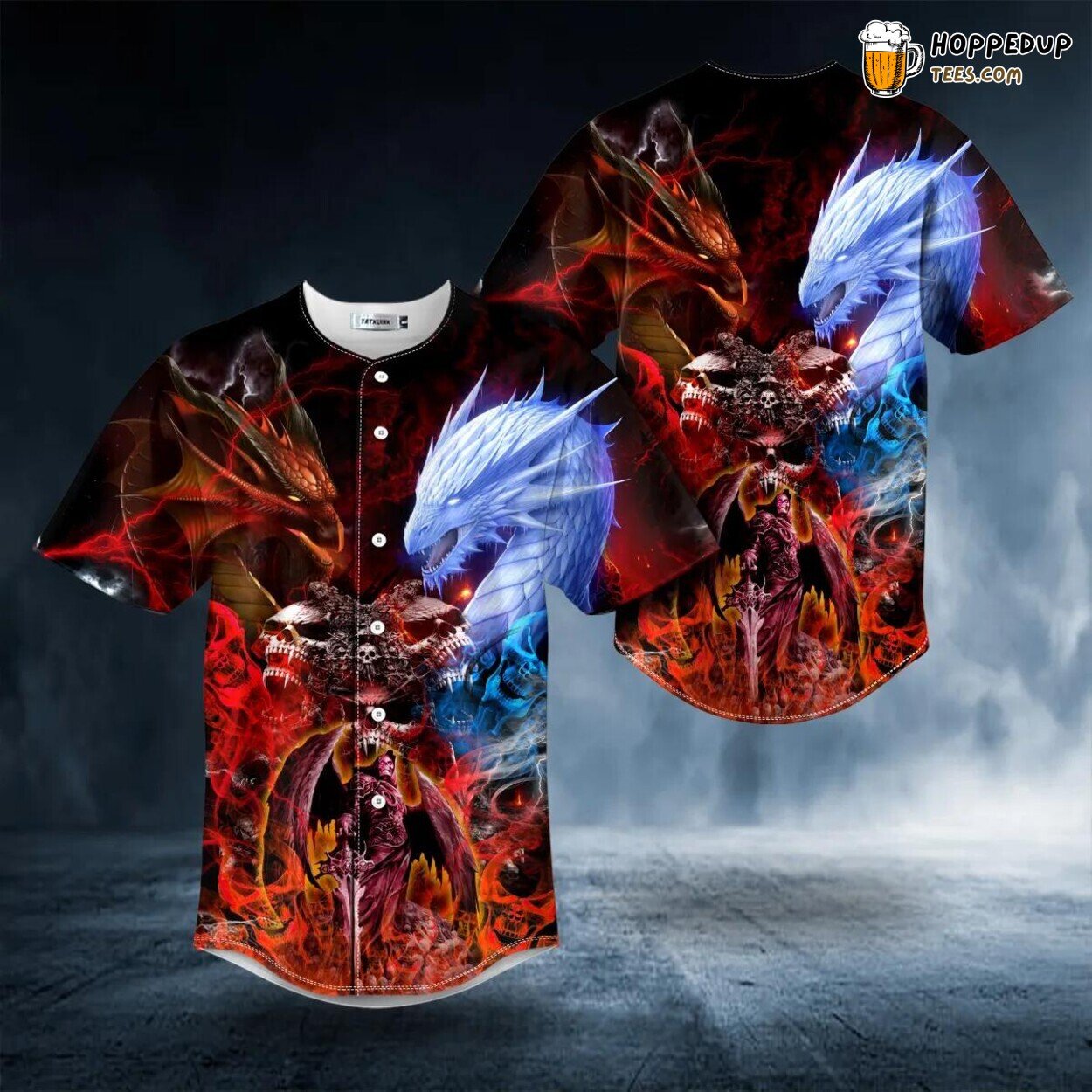 Fire Ice Dragon Skull Baseball Jersey Viking 3D Tees Unique Design Wear Graphic