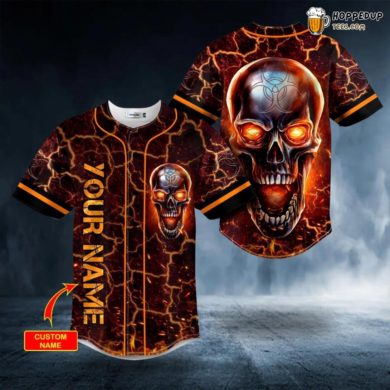 Fire Metallic Biohazard Skull Baseball Jersey Graphic Tees 3D Print Special