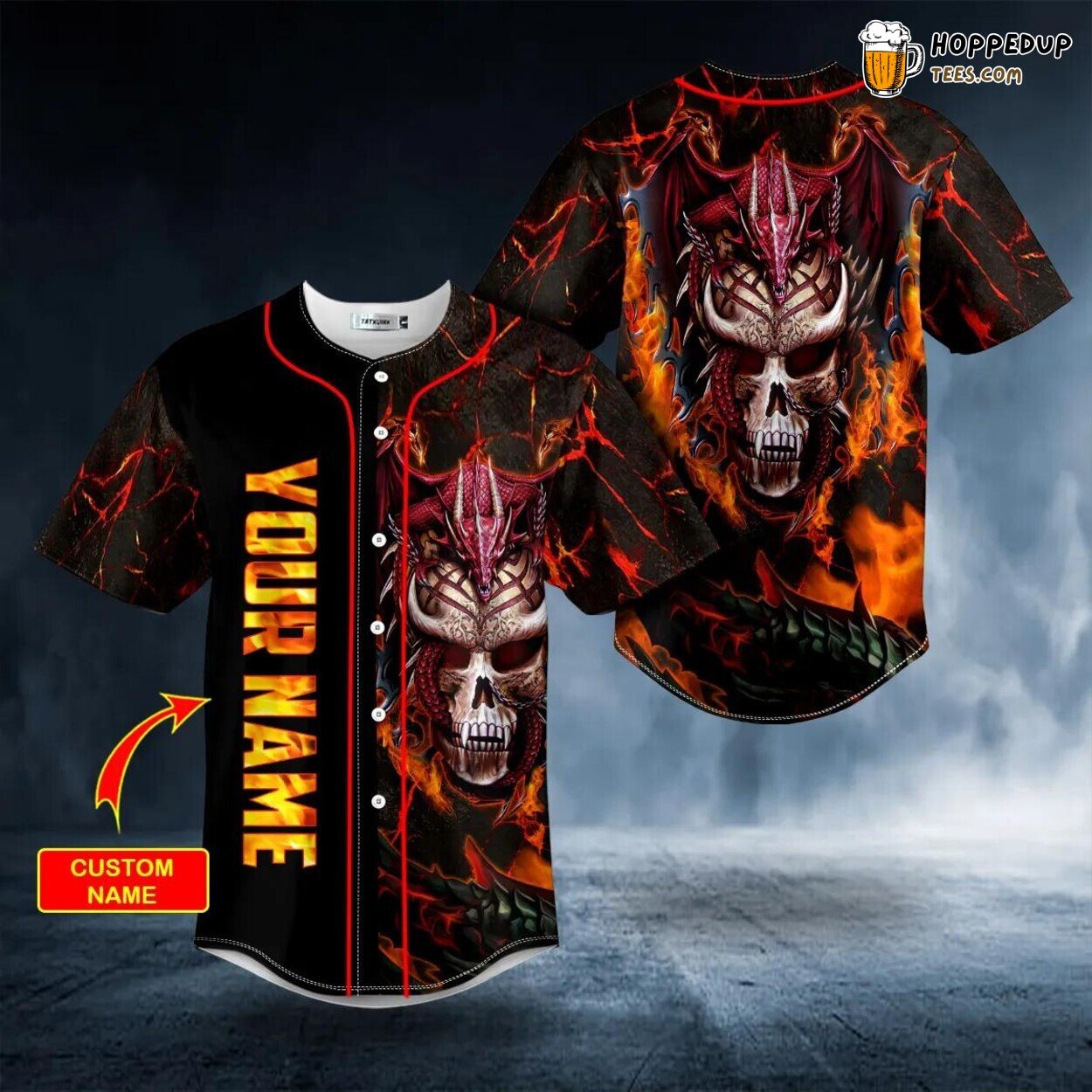 Fire Red Spiral Dragon Skull Baseball Jersey Viking 3D Tees Unique Design Wear