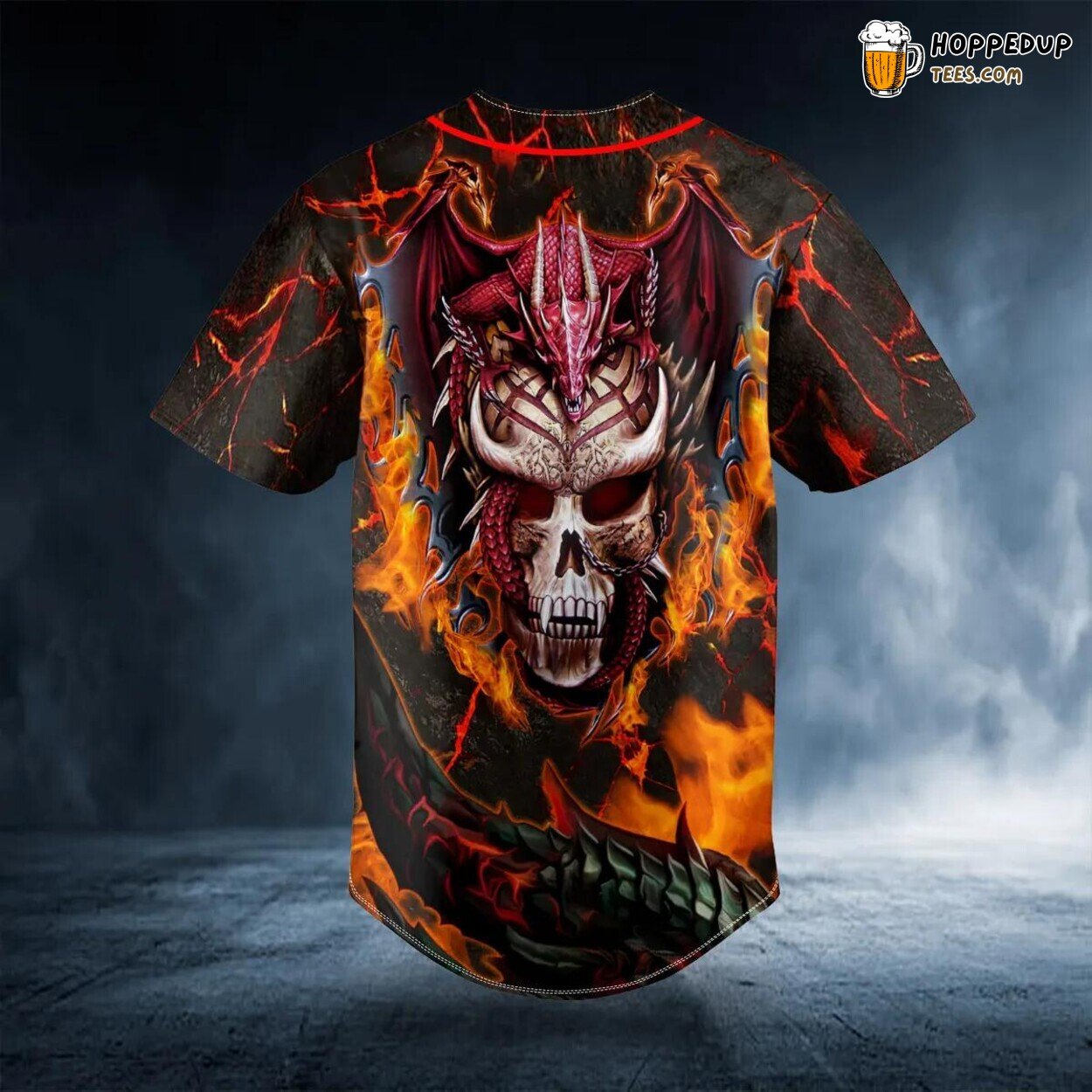 Fire Red Spiral Dragon Skull Baseball Jersey Viking 3D Tees Unique Design Wear