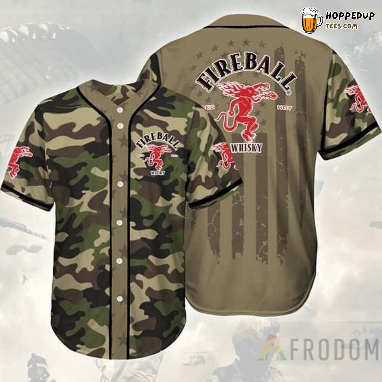 Fireball Cinnamon Whisky Camouflage Green Brown Baseball Jersey